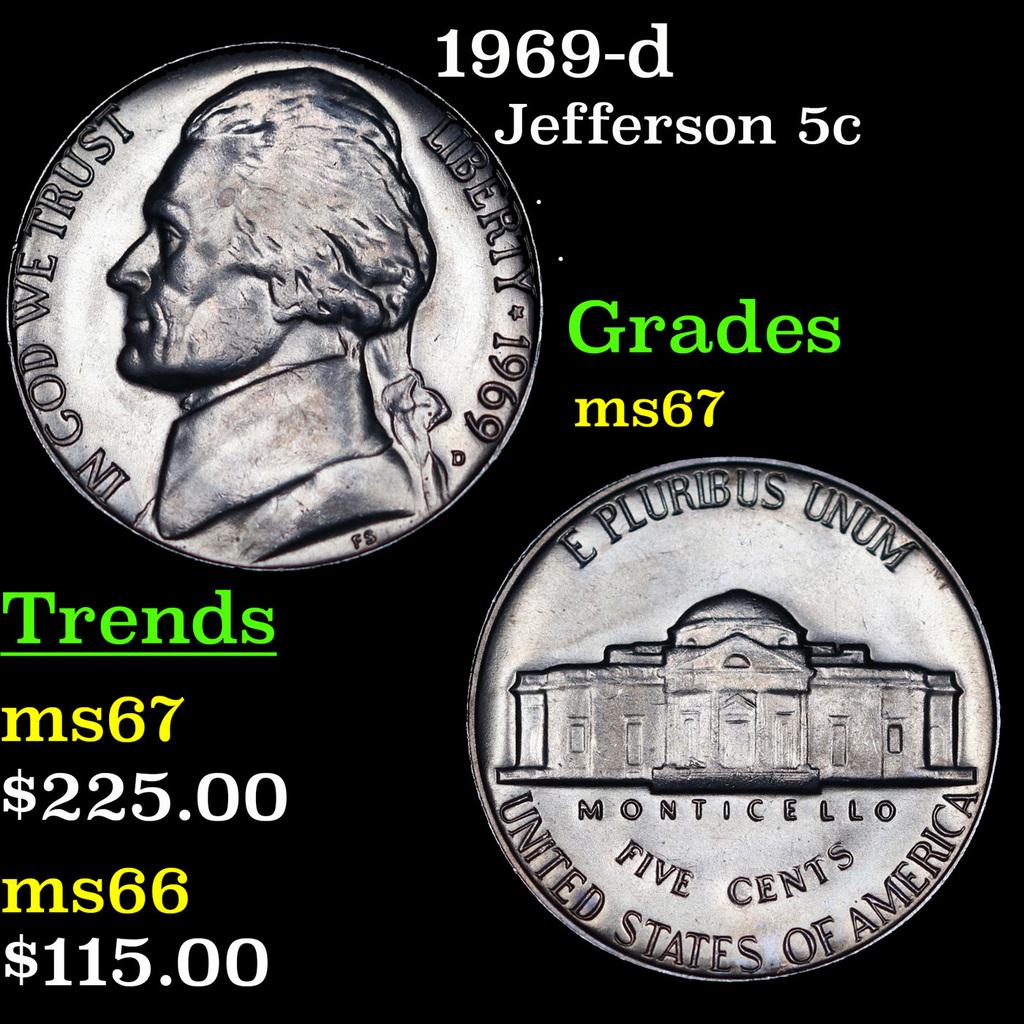 1969-d Jefferson Nickel 5c Grades GEM++ Unc: 1969-d Jefferson Nickel 5c Grades GEM++ Unc.