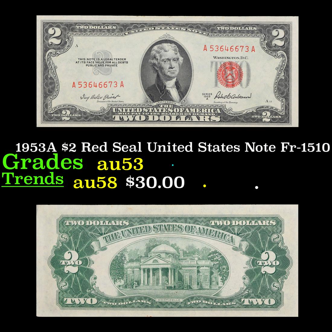 1953A $2 Red Seal United States Note Fr-1510 Grades Select AU: 1953A $2 Red Seal United States Note Fr-1510 Grades Select AU. 1953 red print two dollar bills can be broke up into four different types by signature combination; 1953 â€“ Ivy Baker Priest (Treas