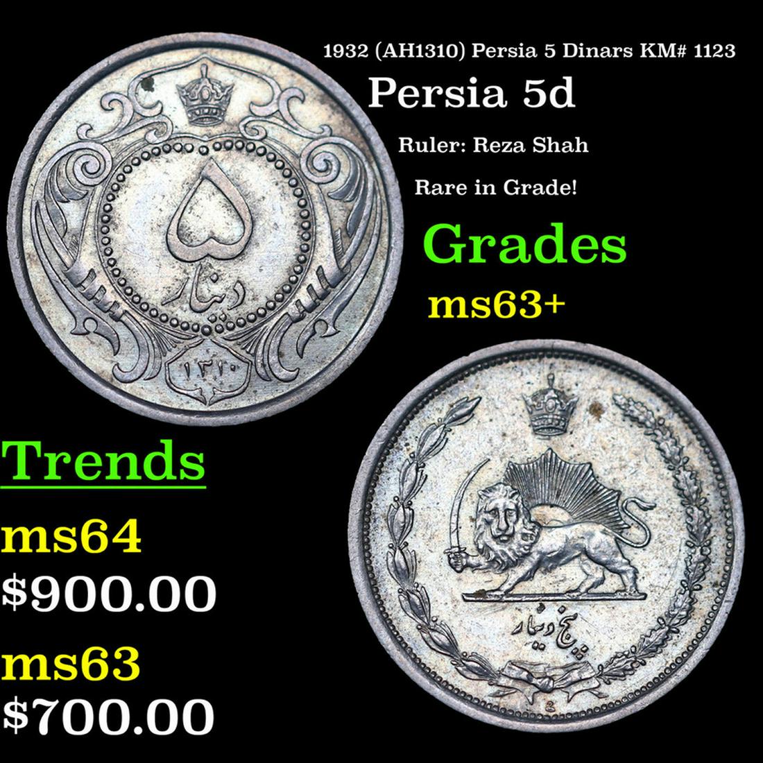 ***Auction Highlight*** 1932 (AH1310) Persia 5 Dinars KM# 1123 Grades Select+ Unc (fc) (1 of 3)