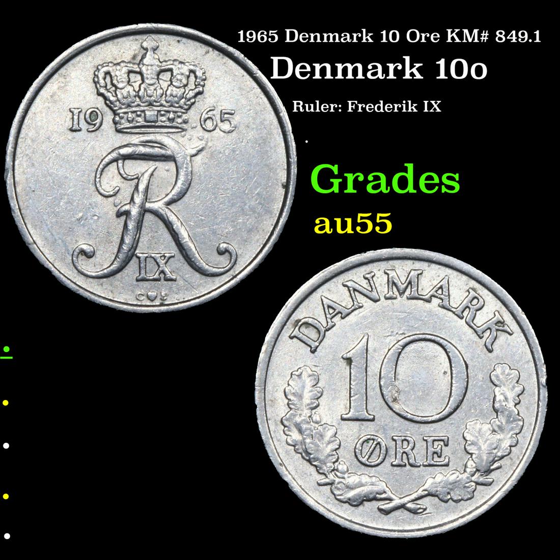1965(h) Denmark 10 Ore KM# 849.1 Grades Select Unc (1 of 3)