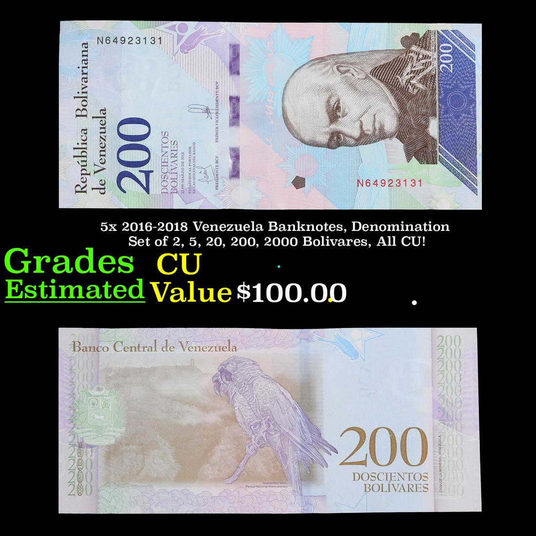 5x 2016-2018 Venezuela Banknotes, Denomination Set of 2, 5, 20, 200, 2000 Bolivares, All CU! Grades (1 of 11)