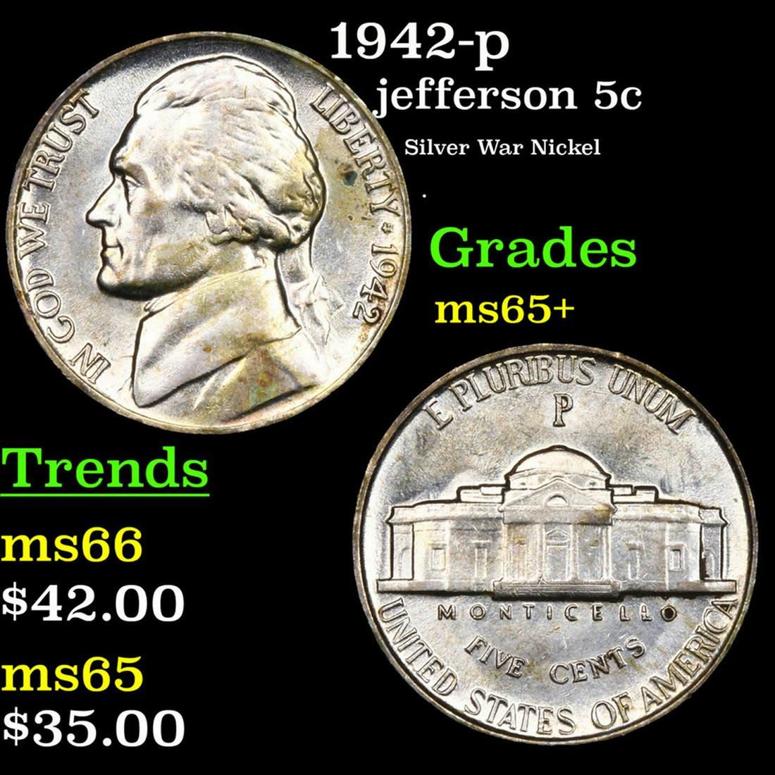 1942-p Jefferson Nickel 5c Grades GEM+ Unc (1 of 3)