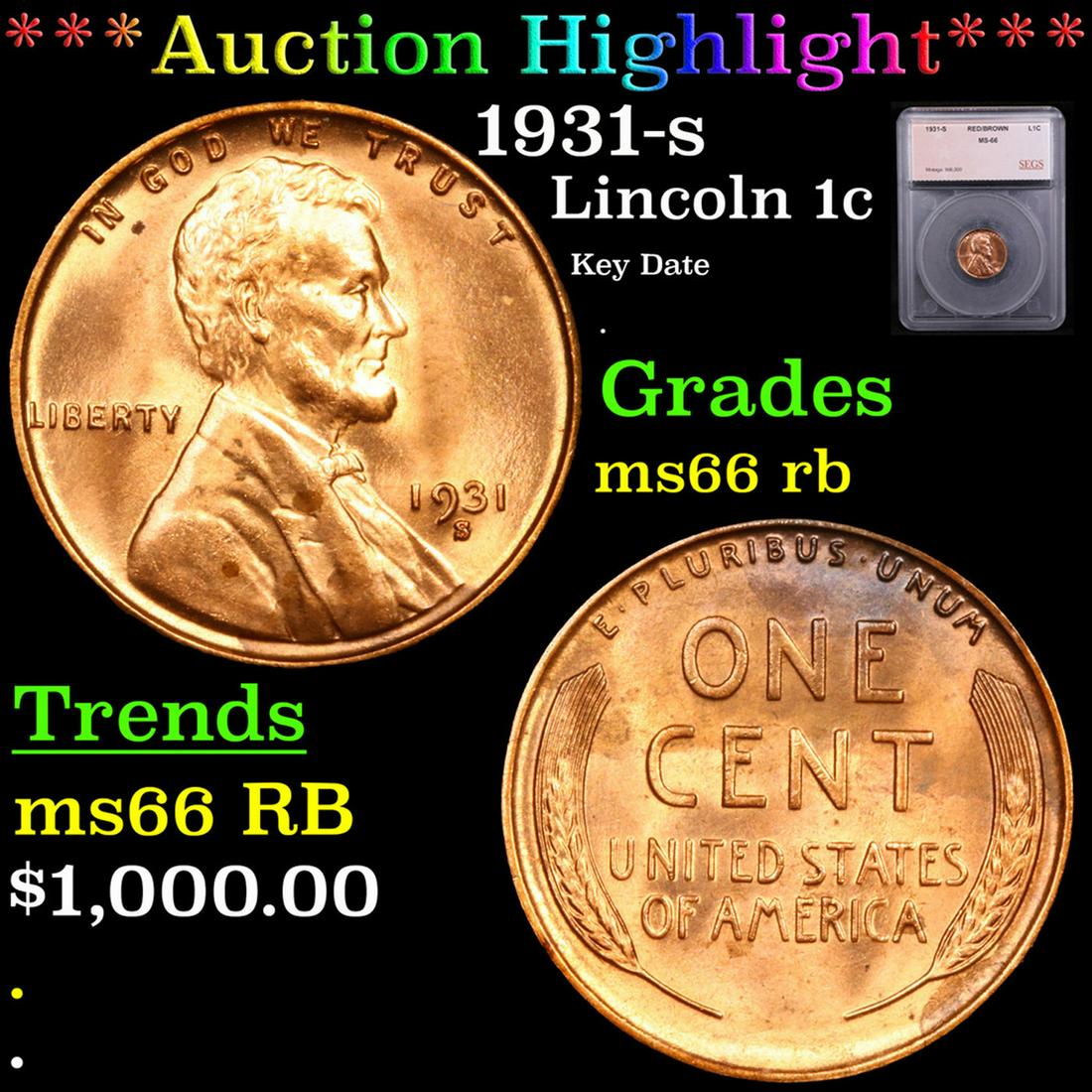 ***Auction Highlight*** 1931-s Lincoln Cent 1c Graded ms66 rb BY SEGS (fc) (1 of 5)