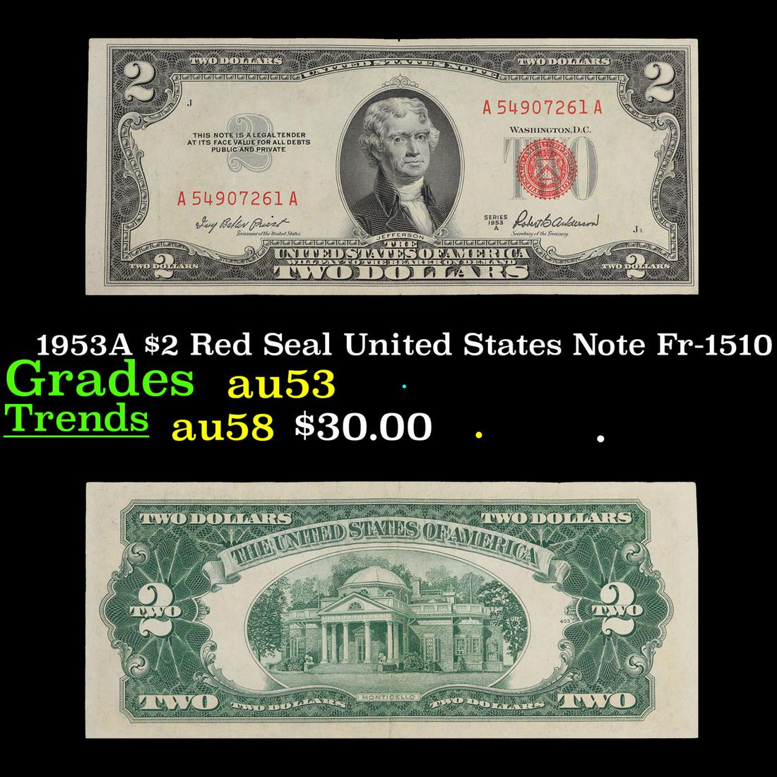 1953A $2 Red Seal United States Note Fr-1510 Grades Select AU: 1953A $2 Red Seal United States Note Fr-1510 Grades Select AU. 1953 red print two dollar bills can be broke up into four different types by signature combination; 1953 â€“ Ivy Baker Priest (Treas