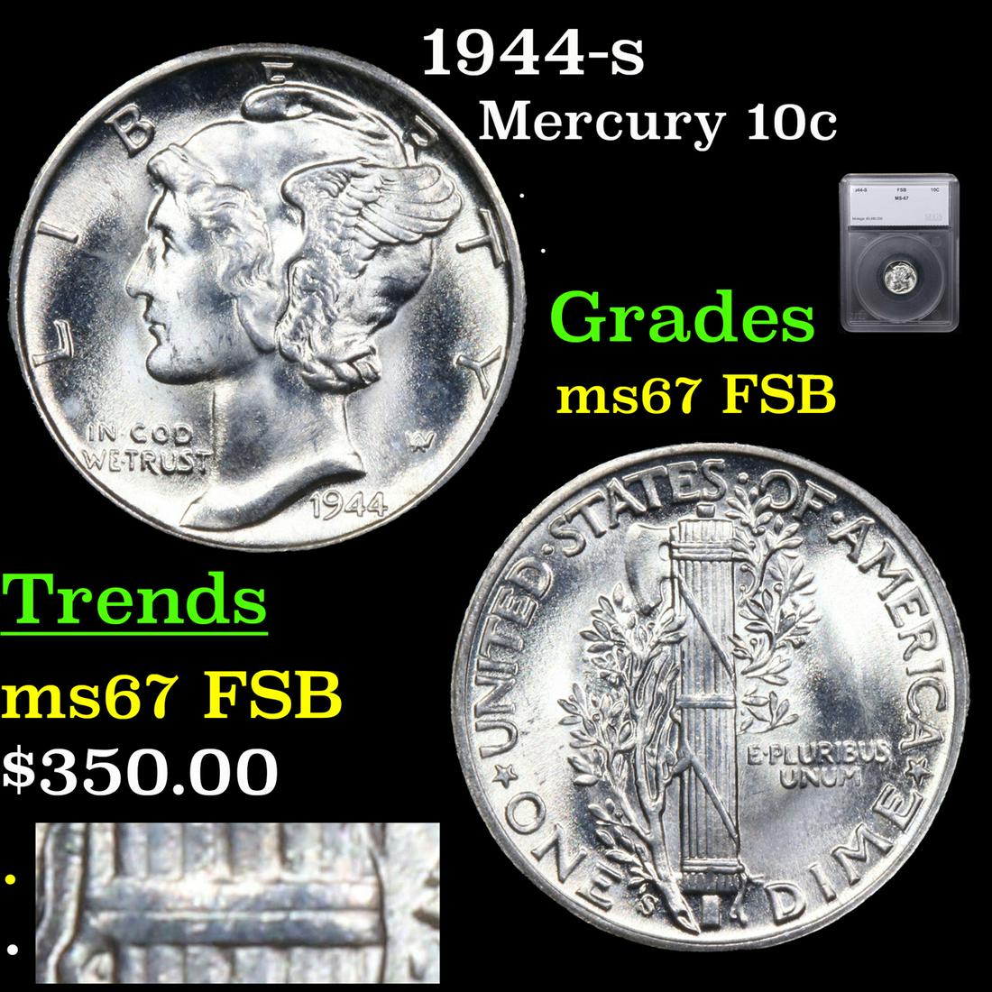 1944-s Mercury Dime 10c Graded ms67 FSB BY SEGS (1 of 6)