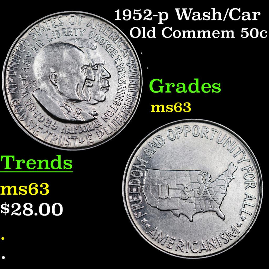 1952-p Wash/Car Old Commem Half Dollar 50c Grades Select Unc: 1952-p Wash/Car Old Commem Half Dollar 50c Grades Select Unc. The Final Coin in the Old Commemorative Program. It was Minted to Revive the Ending Booker T Washington Commemorative and to Honor Washing