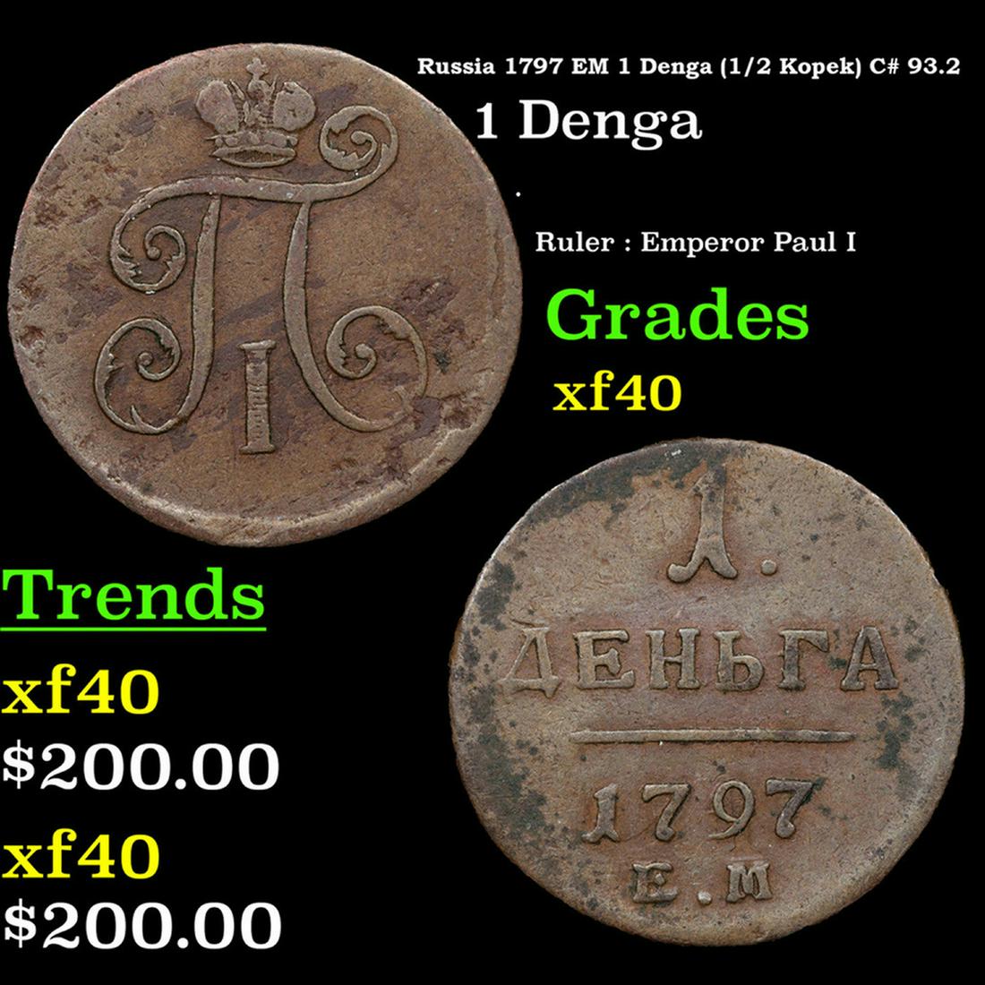 Russia 1797 EM 1 Denga (1/2 Kopek) C# 93.2 Grades xf (1 of 3)