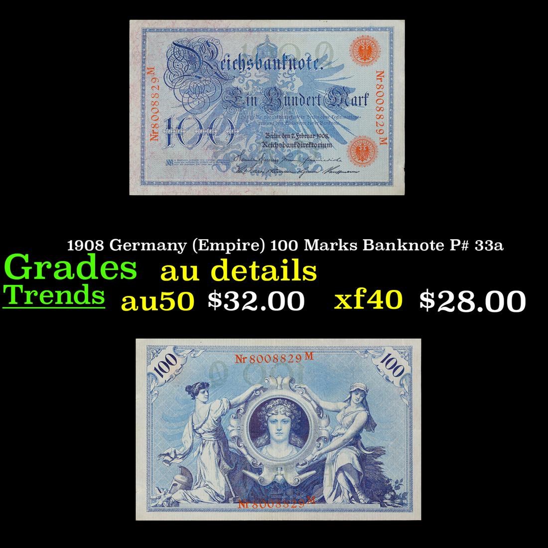 1908 Germany (Empire) 100 Marks Banknote P# 33a Grades AU Details (1 of 3)