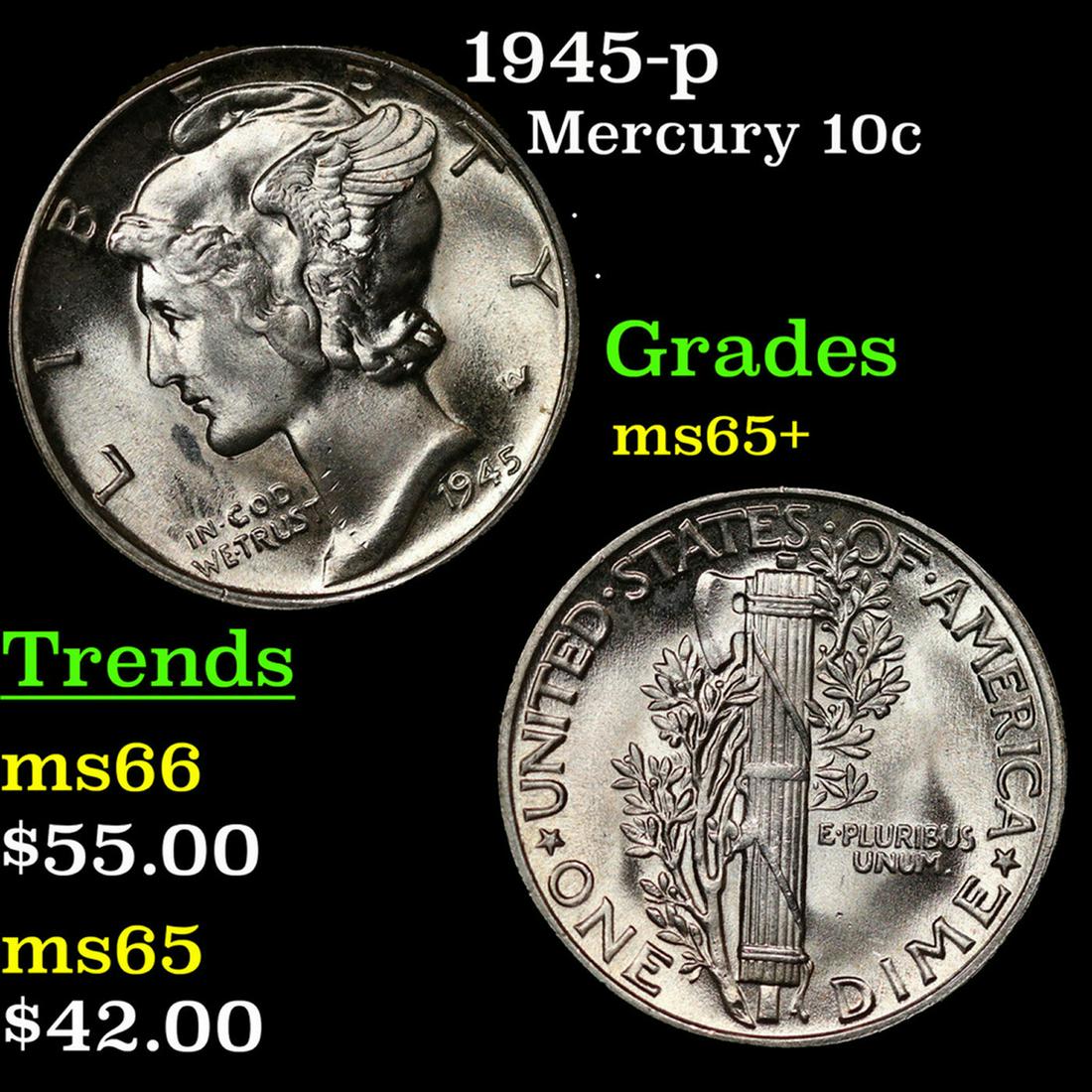 1945-p Mercury Dime 10c Grades GEM+ Unc: 1945-p Mercury Dime 10c Grades GEM+ Unc.