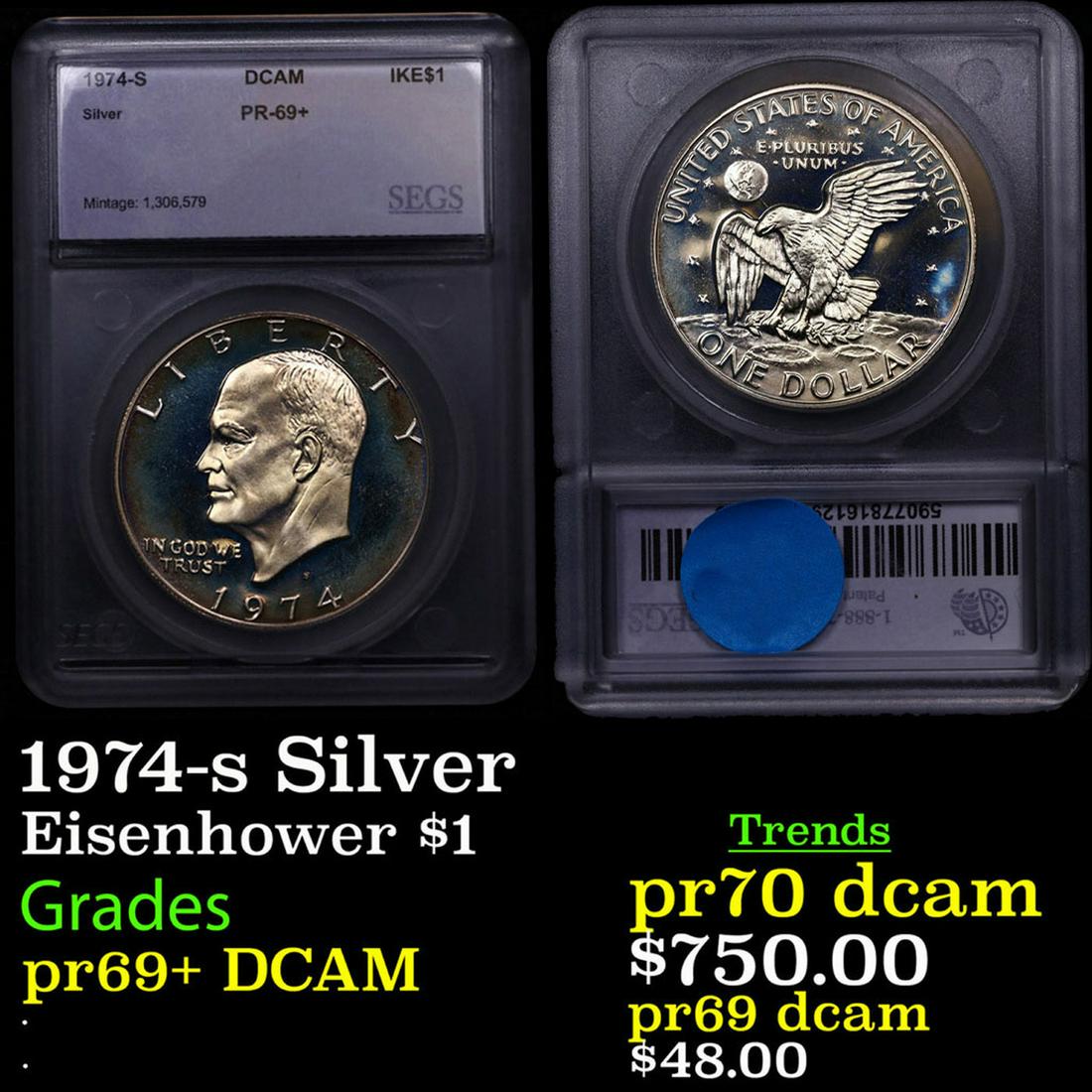 Proof 1974-s Silver Eisenhower Dollar $1 Graded ms69+ dmpl By SEGS (1 of 3)