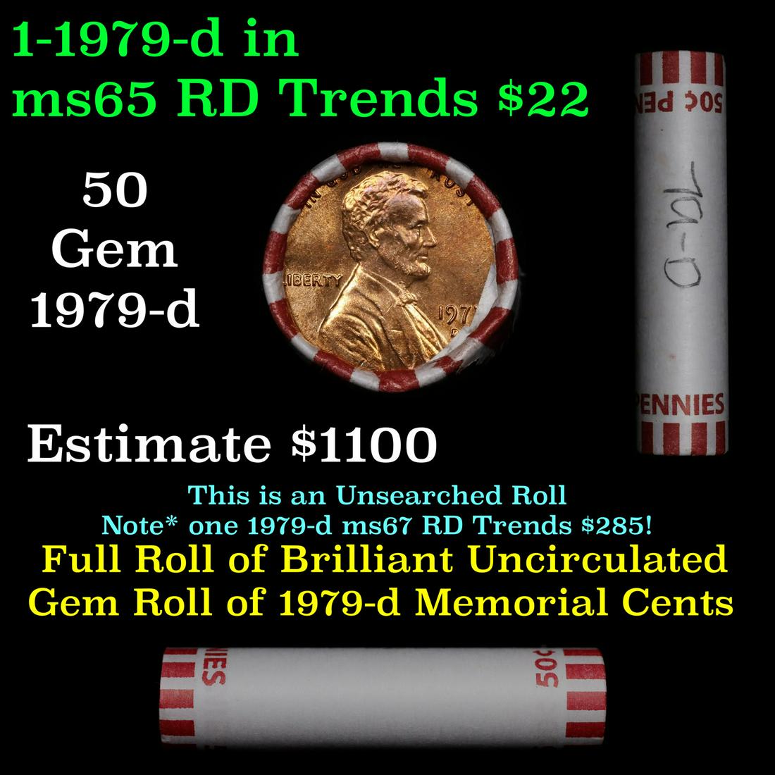 Shotgun Lincoln 1c roll, 1979-p 50 pcs Bank Wrapper.: Shotgun Lincoln 1c roll, 1979-p 50 pcs Bank Wrapper.. A terrific Shotgun roll of Lincoln cents. Most if not all coin should be cherry red.