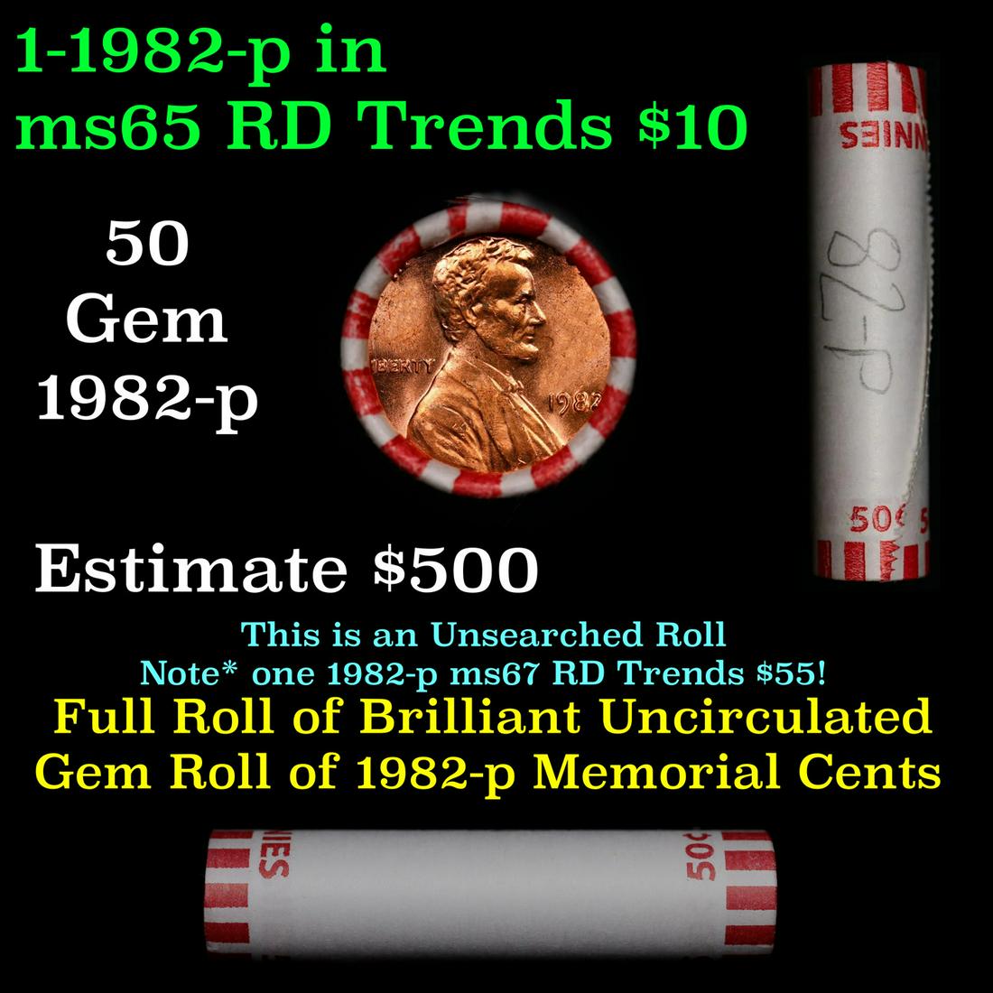 Shotgun Lincoln 1c roll, 1982-p 50 pcs Bank Wrapper.: Shotgun Lincoln 1c roll, 1982-p 50 pcs Bank Wrapper.. A terrific Shotgun roll of Lincoln cents. Most if not all coin should be cherry red.