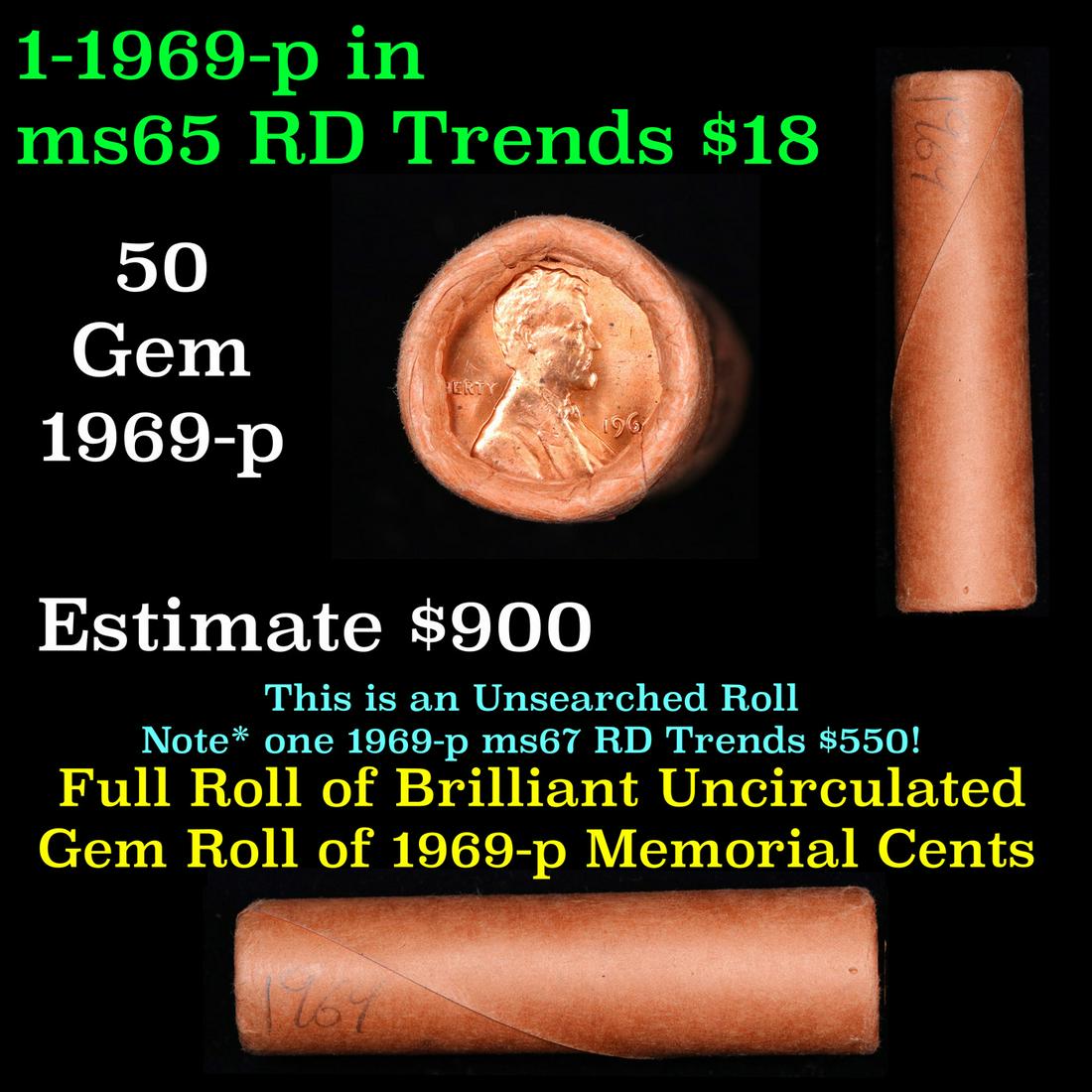 Shotgun Lincoln 1c roll, 1969-p 50 pcs FNB of Baltimore Wrapper.: Shotgun Lincoln 1c roll, 1969-p 50 pcs FNB of Baltimore Wrapper.. A terrific Shotgun roll of Lincoln cents. Most if not all coin should be cherry red.