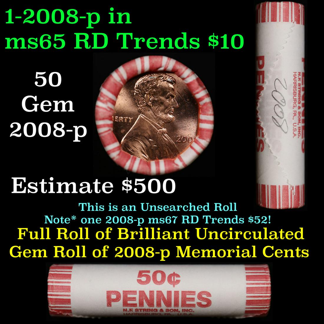 Shotgun Lincoln 1c roll, 2008-p 50 pcs String & Son Wrapper.: Shotgun Lincoln 1c roll, 2008-p 50 pcs String & Son Wrapper.. A terrific Shotgun roll of Lincoln cents. Most if not all coin should be cherry red.