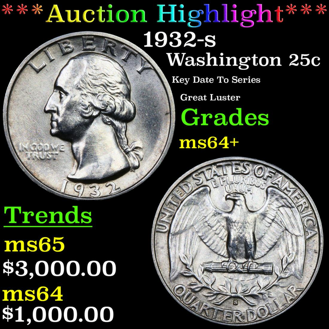 ***Auction Highlight*** 1932-s Washington Quarter 25c Graded ms64+ BY SEGS (fc) (1 of 5)