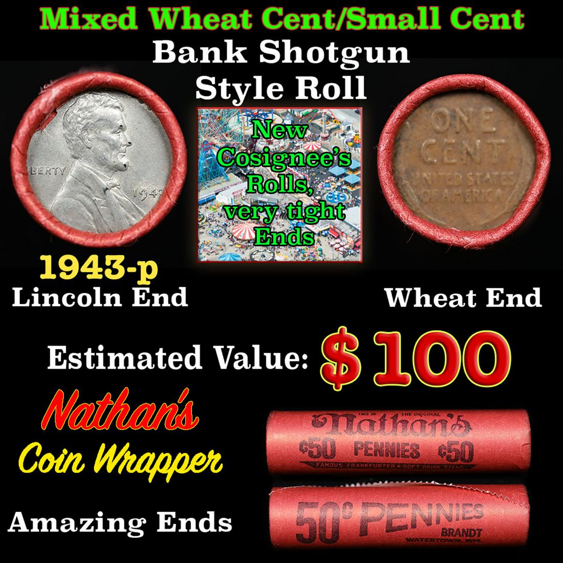 Mixed small cents 1c orig shotgun roll, 1943-p Steel Cent, Wheat Cent other end, Nathan's Brandt: Mixed small cents 1c orig shotgun roll, 1943-p Steel Cent, Wheat Cent other end, Nathan's Brandt Wrapper.. The roll is held in an old Rare & Collectable Brinks 'Only Brinks Can Open This Safe, Chicago