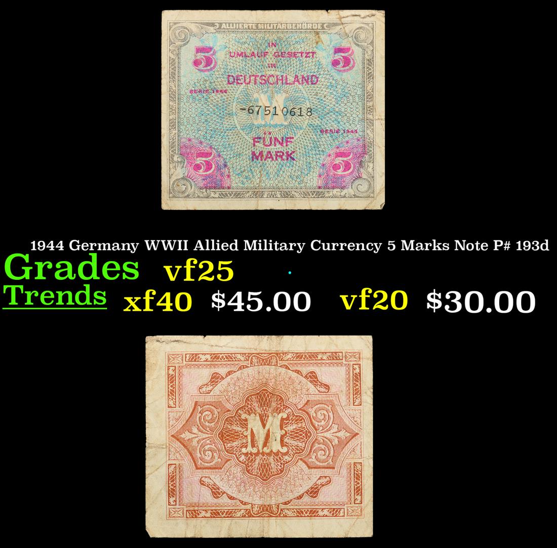 1944 Germany WWII Allied Military Currency 5 Marks Note P# 193d Grades vf+ (1 of 3)