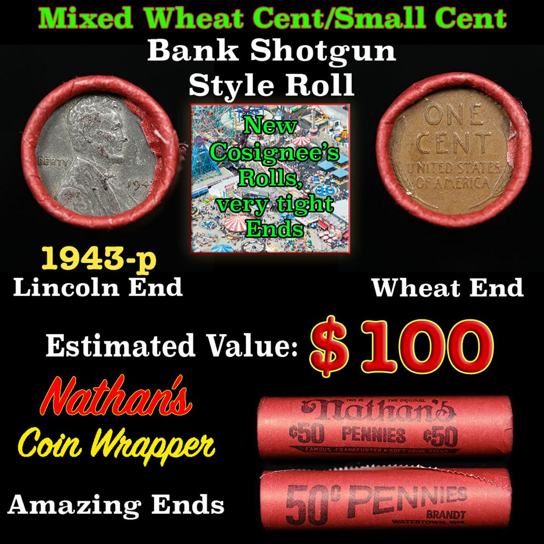Mixed small cents 1c orig shotgun roll, 1943-p Steel Cent, Wheat Cent other end, Nathan's Brandt: Mixed small cents 1c orig shotgun roll, 1943-p Steel Cent, Wheat Cent other end, Nathan's Brandt Wrapper.. The roll is held in an old Rare & Collectable Brinks 'Only Brinks Can Open This Safe, Chicago