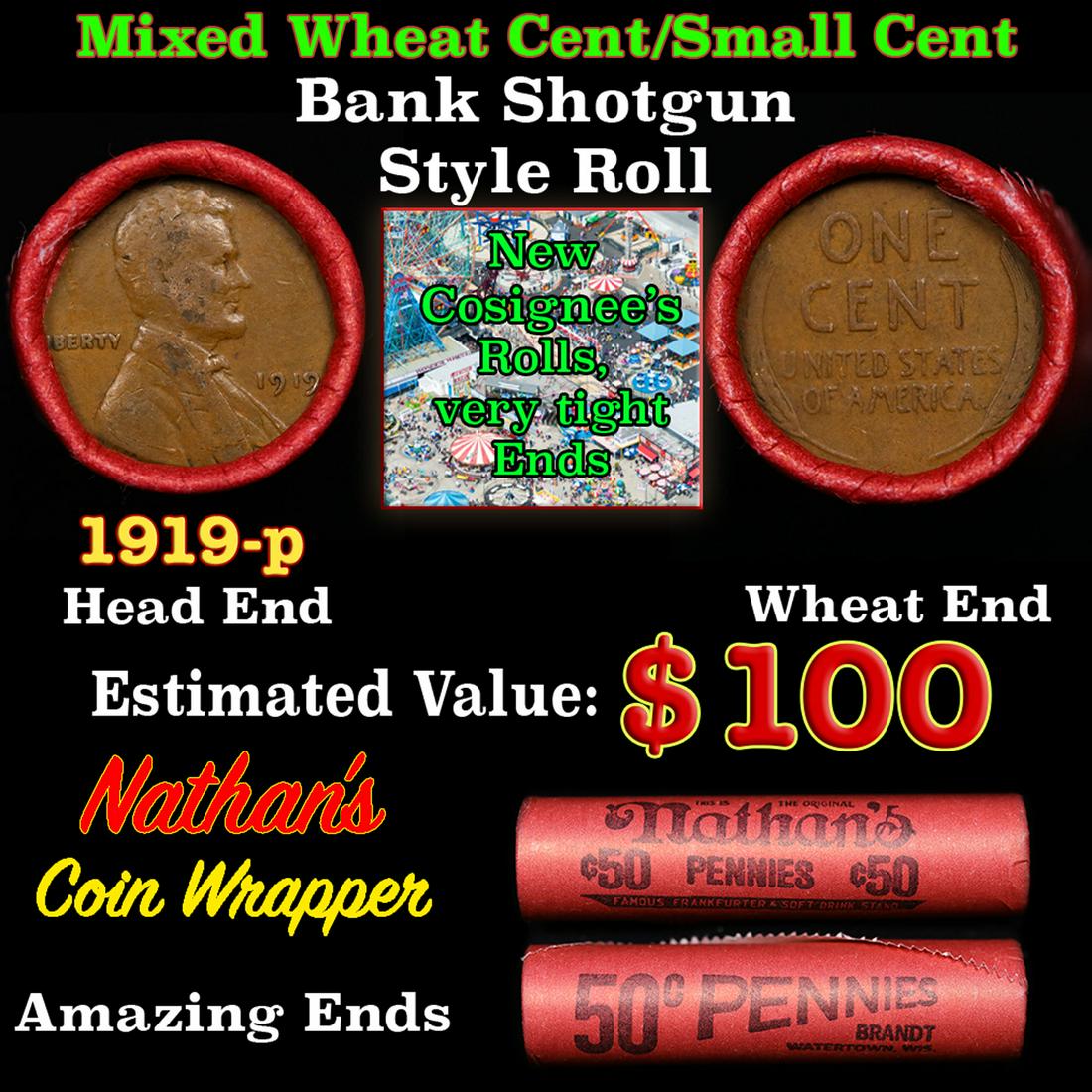 Mixed small cents 1c orig shotgun roll, 1919-p Lincoln Cent, Wheat Cent other end, Nathan's Brandt: Mixed small cents 1c orig shotgun roll, 1919-p Lincoln Cent, Wheat Cent other end, Nathan's Brandt Wrapper.. The roll is held in an old Rare & Collectable Brinks 'Only Brinks Can Open This Safe, Chica