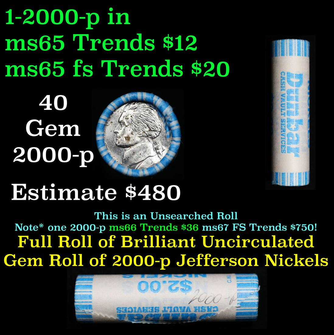 Shotgun Jefferson 5c roll, 2002-p 40 pcs Dunbar Wrapper: Shotgun Jefferson 5c roll, 2002-p 40 pcs Dunbar Wrapper. A terrific Shotgun roll of unsearched Jefferson nickles. Most if not all coins should be gem or better