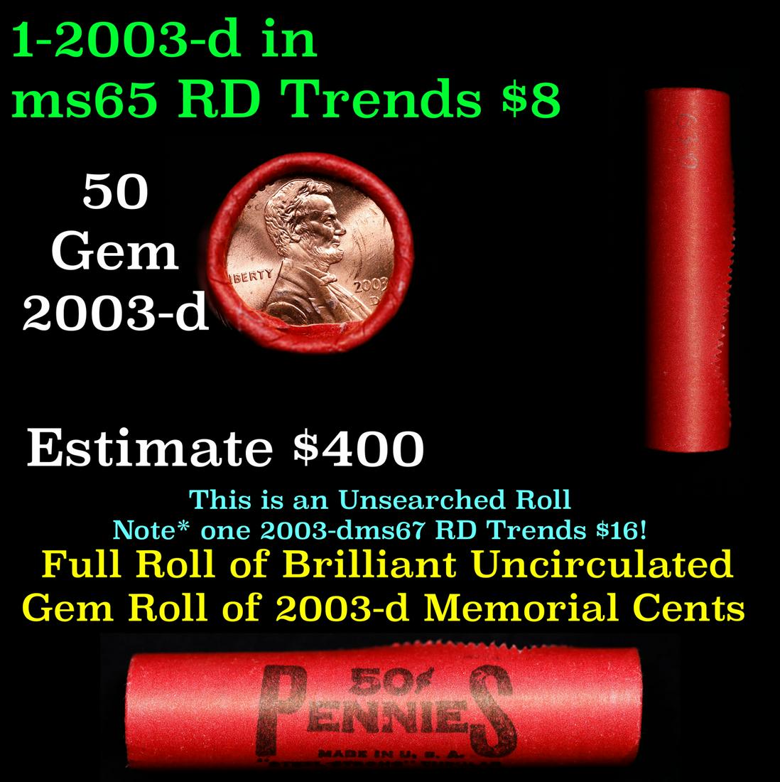 Shotgun Lincoln 1c roll, 2003-d 50 pcs Steel-Strong Wrapper.: Shotgun Lincoln 1c roll, 2003-d 50 pcs Steel-Strong Wrapper.. A terrific Shotgun roll of Lincoln cents. Most if not all coin should be cherry red.