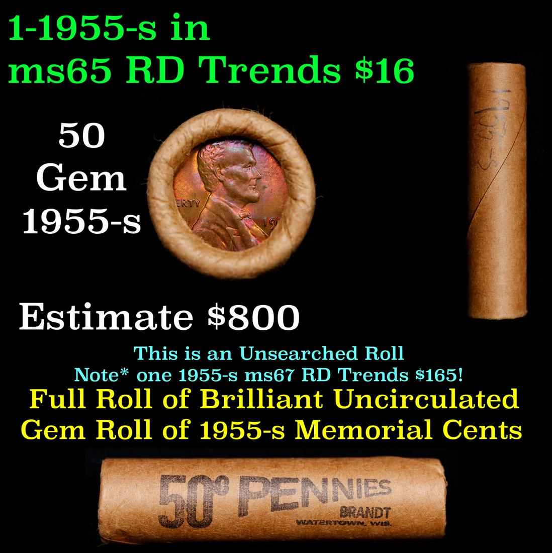Shotgun Lincoln 1c roll, 1955-s 50 pcs Brandt Wrapper.: Shotgun Lincoln 1c roll, 1955-s 50 pcs Brandt Wrapper.. A terrific Shotgun roll of Lincoln cents. Most if not all coin should be cherry red.