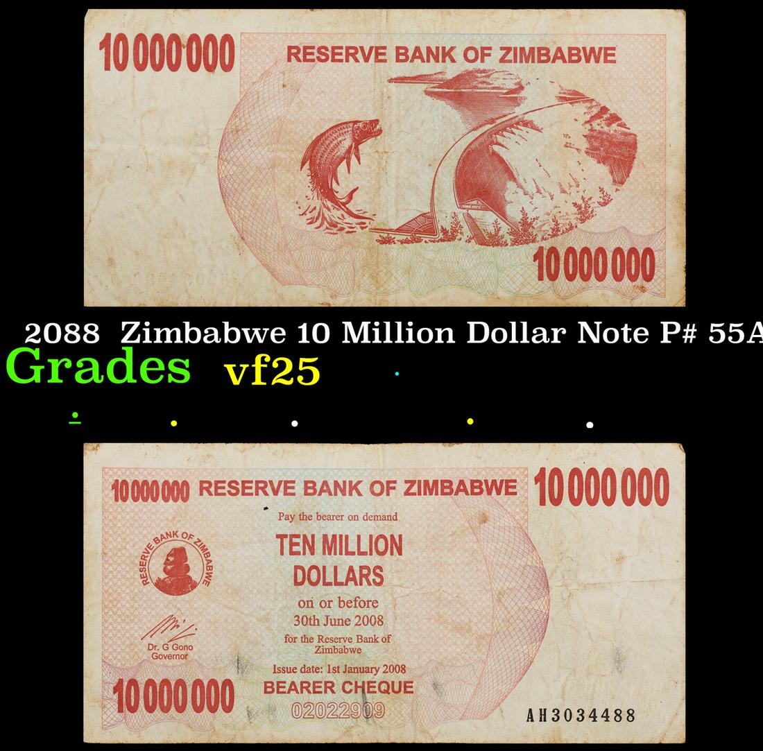 2088  Zimbabwe 10 Million Dollar Note P# 55A Grades vf+ (1 of 3)
