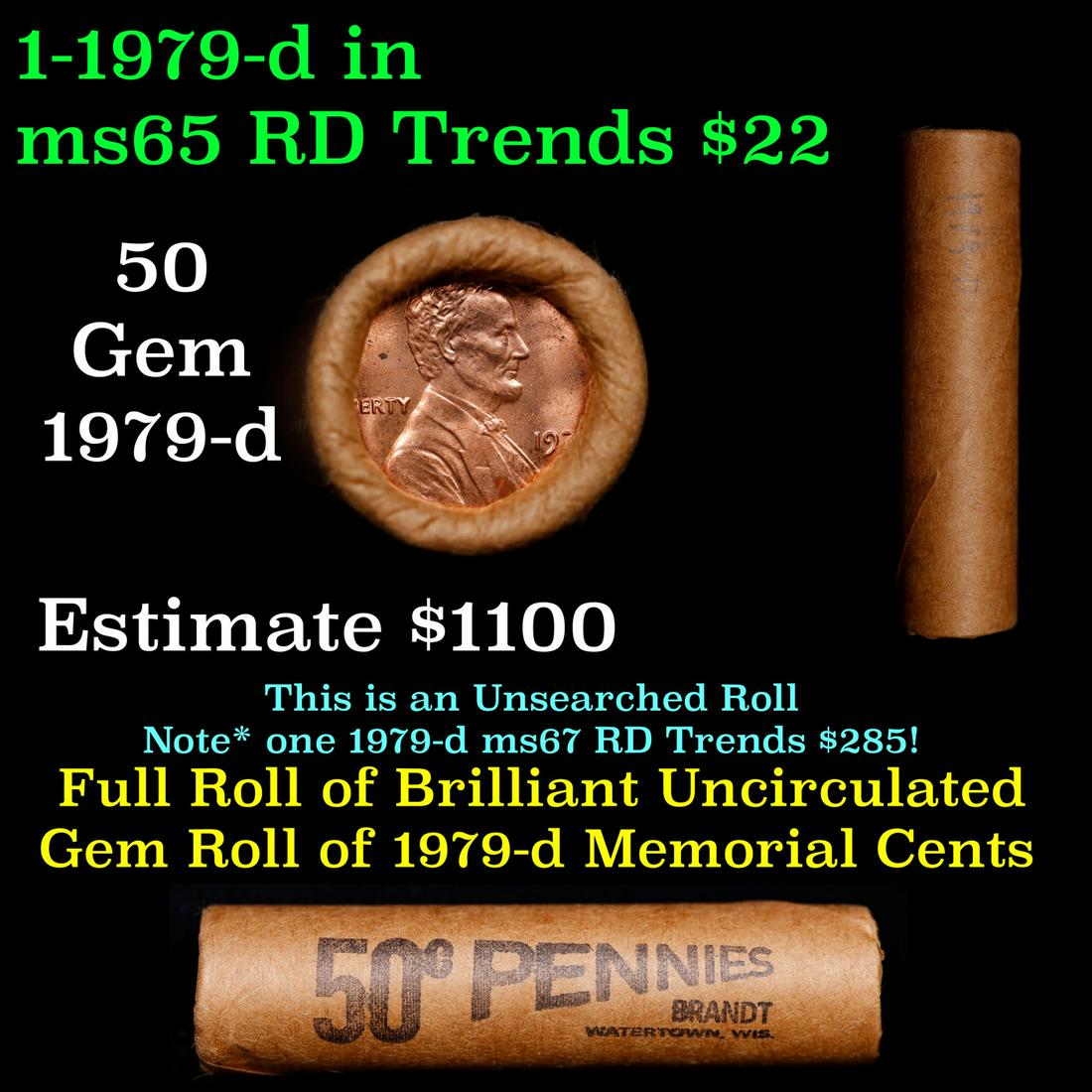 Shotgun Lincoln 1c roll, 1979-d 50 pcs Brandt Wrapper.: Shotgun Lincoln 1c roll, 1979-d 50 pcs Brandt Wrapper.. A terrific Shotgun roll of Lincoln cents. Most if not all coin should be cherry red.