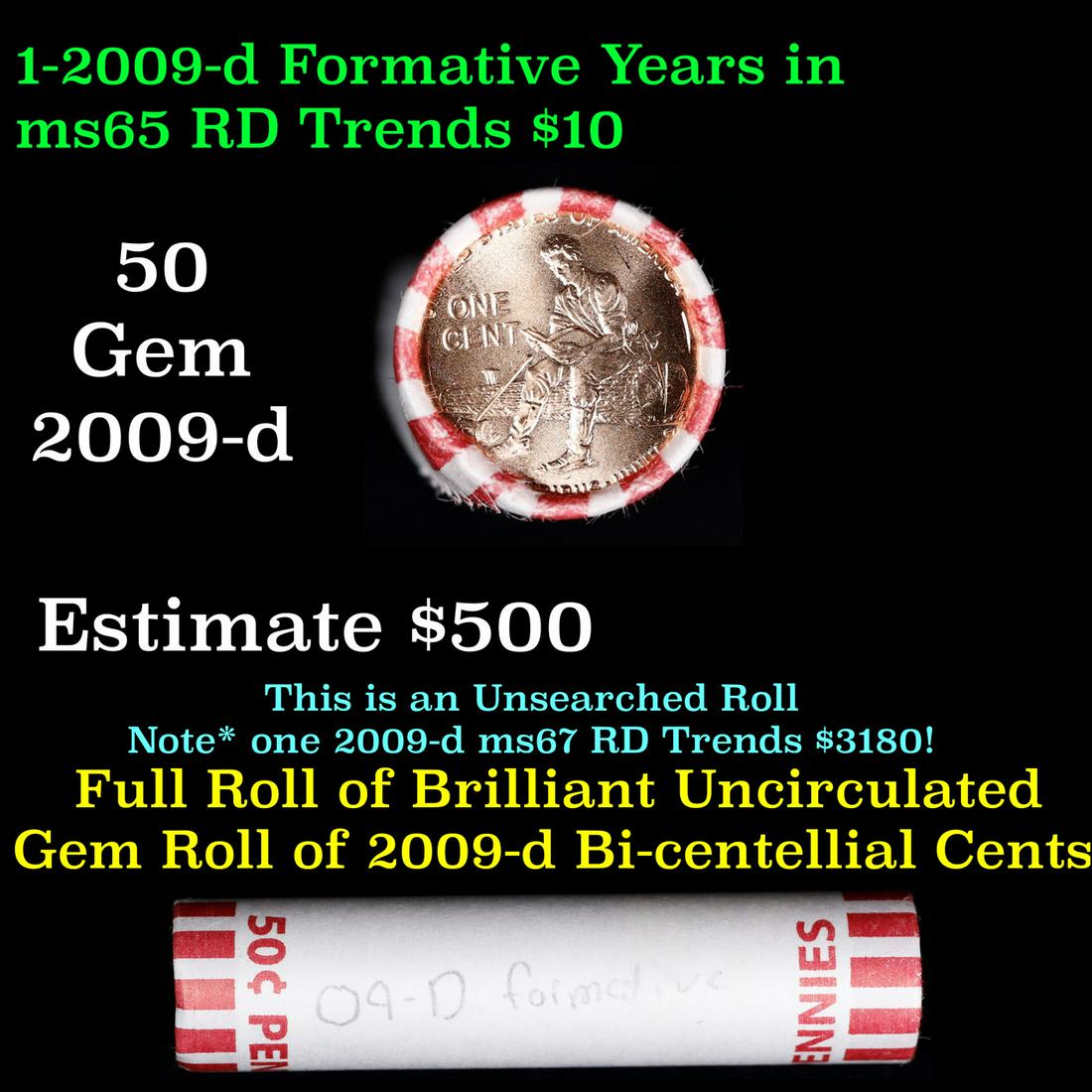 Shotgun Lincoln 1c roll, 2009-d Formative Years 50 pcs Steel-Strong Wrapper.: Shotgun Lincoln 1c roll, 2009-d Formative Years 50 pcs Steel-Strong Wrapper.. A terrific Shotgun roll of Lincoln cents. Most if not all coin should be cherry red.