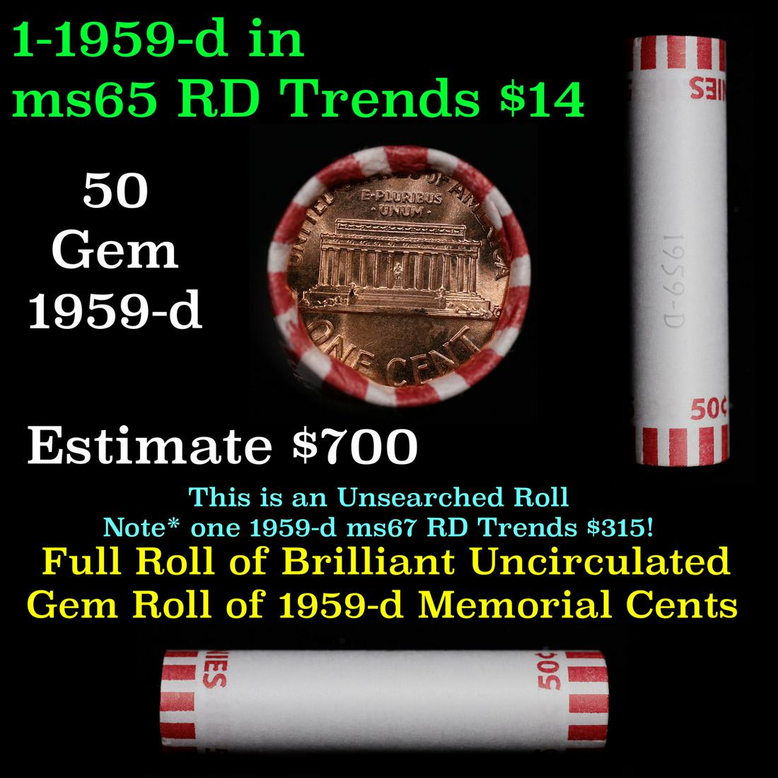 Shotgun Lincoln 1c roll, 1959-d 50 pcs Bank Wrapper.: Shotgun Lincoln 1c roll, 1959-d 50 pcs Bank Wrapper.. A terrific Shotgun roll of Lincoln cents. Most if not all coin should be cherry red.