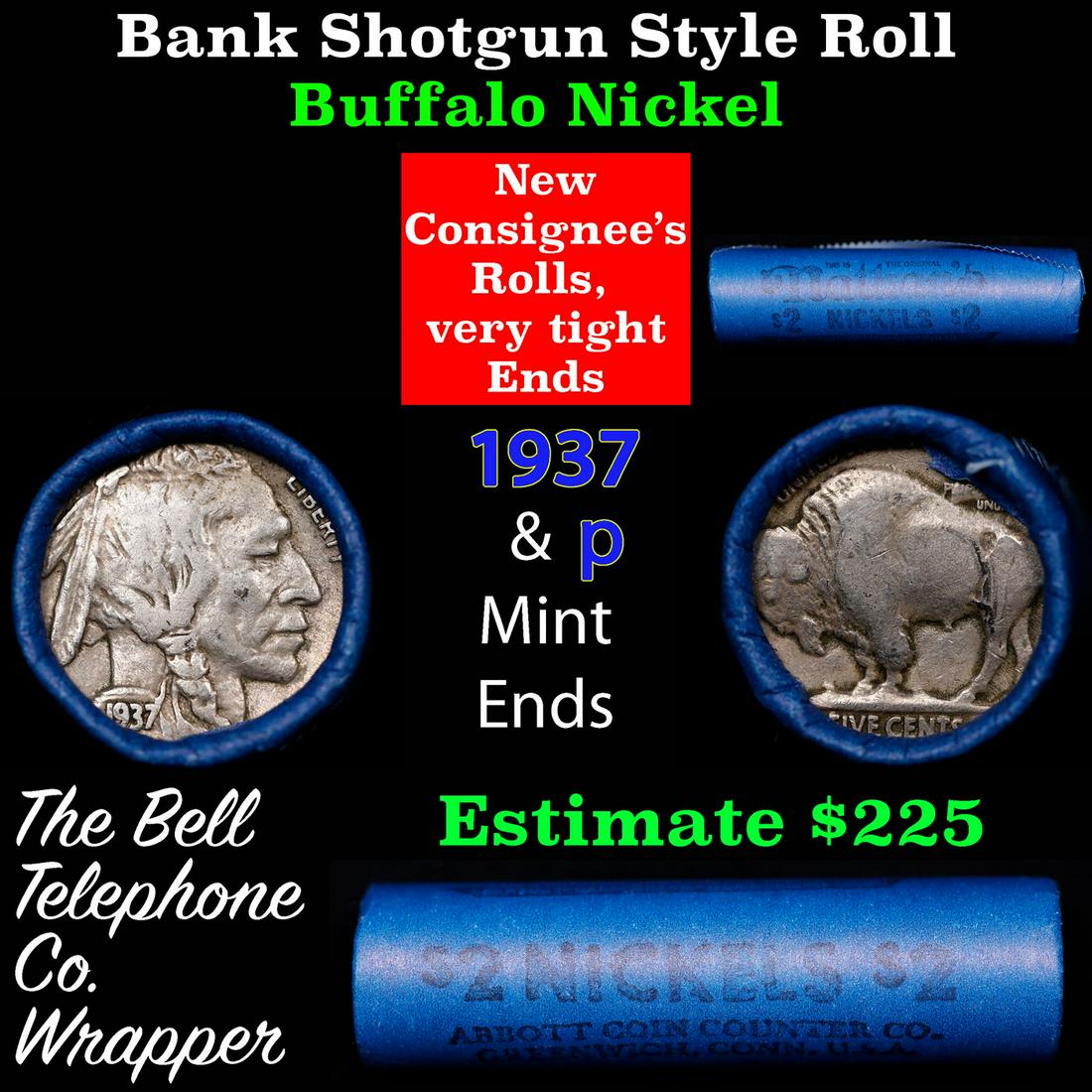 Buffalo Nickel Shotgun Roll in Old Bank Style 'Abbott Coin Counter' Wrapper 1937 & p Mint Ends: Buffalo Nickel Shotgun Roll in Old Bank Style 'Abbott Coin Counter' Wrapper 1937 & p Mint Ends. The roll is held in an old, rare "Brandt Abbott Coin Counter" Bank style wrapper. They are all from one 