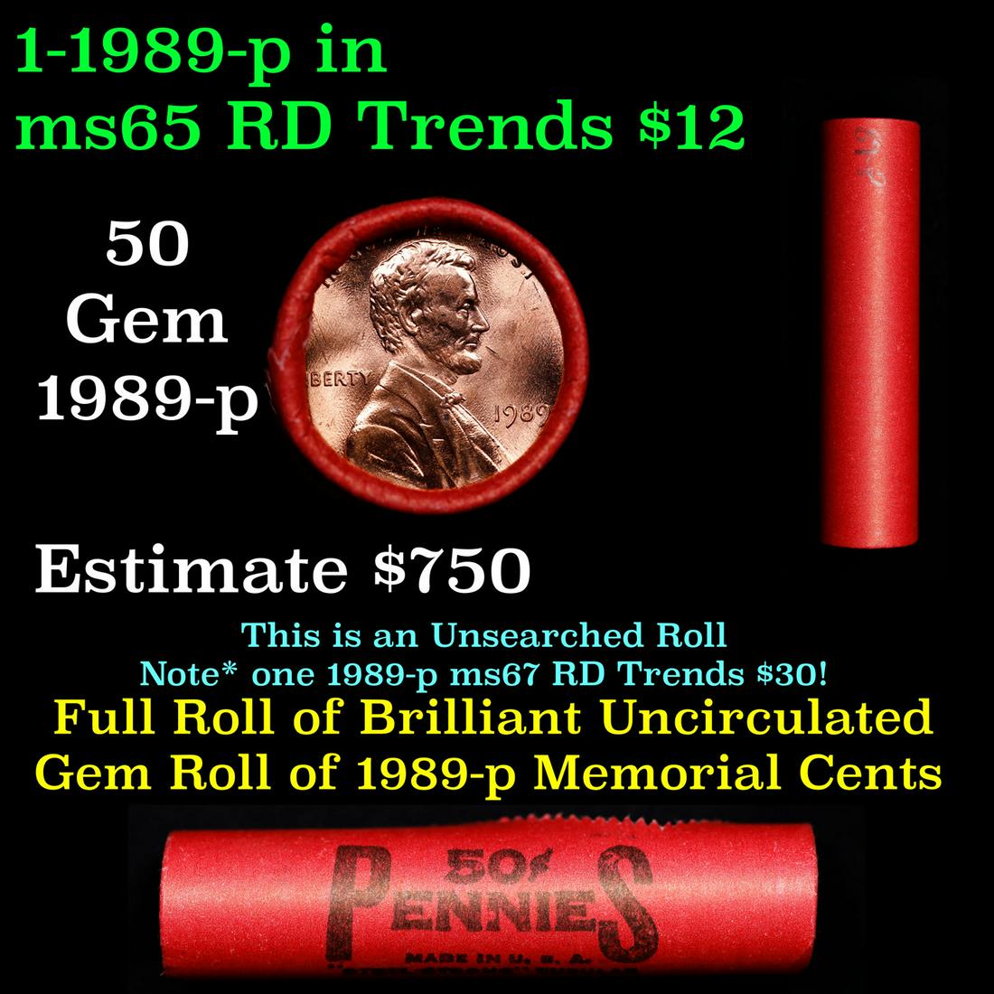 Shotgun Lincoln 1c roll, 1989-p 50 pcs Steel-Strong Wrapper.: Shotgun Lincoln 1c roll, 1989-p 50 pcs Steel-Strong Wrapper.. A terrific Shotgun roll of Lincoln cents. Most if not all coin should be cherry red.