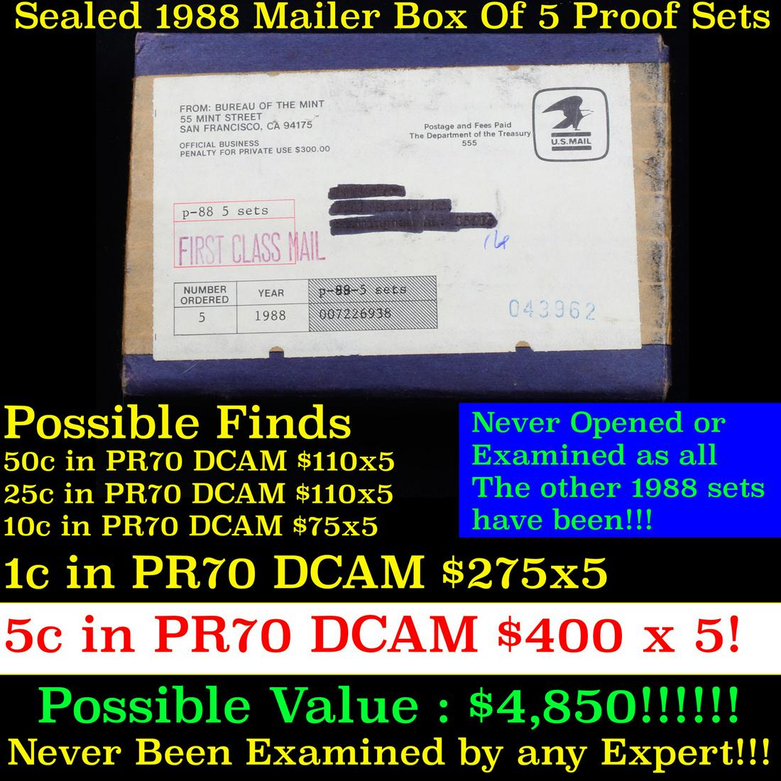 Original sealed box 5- 1988 United States Mint Proof Sets.: Original sealed box 5- 1988 United States Mint Proof Sets.. Up for Auction is an Unopened Mailer Box from 1989 containing 5 1989 Proof Sets!!!! Wow! - This Mailer Box is sealed exactly as it left the 