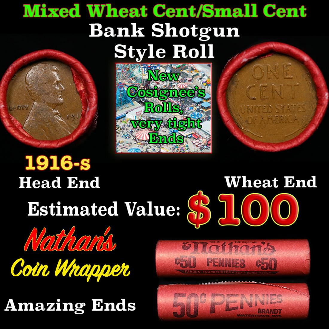 Mixed small cents 1c orig shotgun roll, 1916-s Lincoln Cent, Wheat Cent other end, Nathan's Brandt (1 of 3)