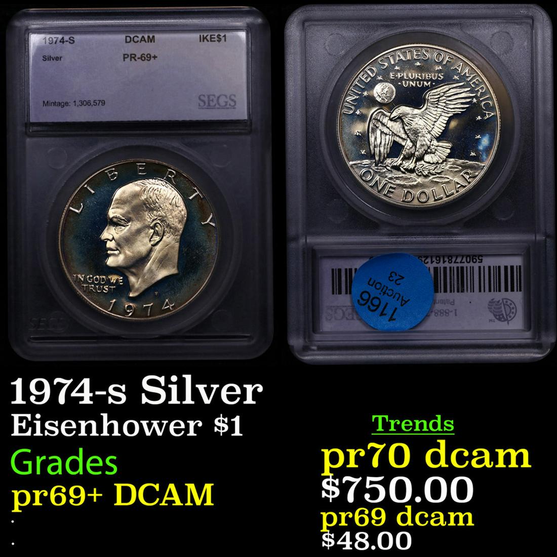 Proof 1974-s Silver Eisenhower Dollar $1 Graded pr69+ DCAM BY SEGS (1 of 3)