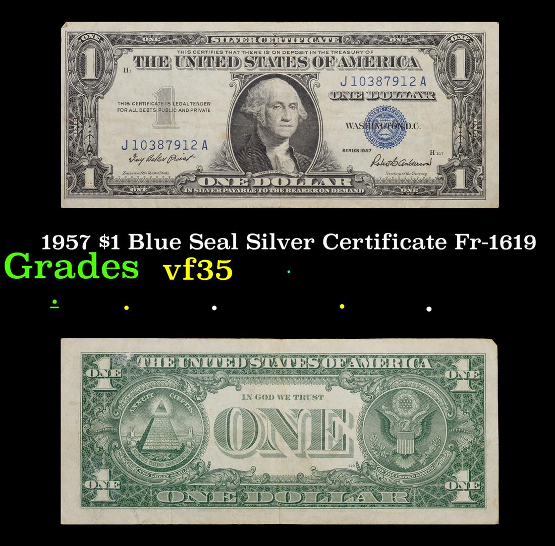 1957 $1 Blue Seal Silver Certificate Fr-1619 Grades vf++: 1957 $1 Blue Seal Silver Certificate Fr-1619 Grades vf++. Silver Certificates were redeemable in Silver. One of their most distinctive qualities is the blue Treasury seal and serial numbers. These not
