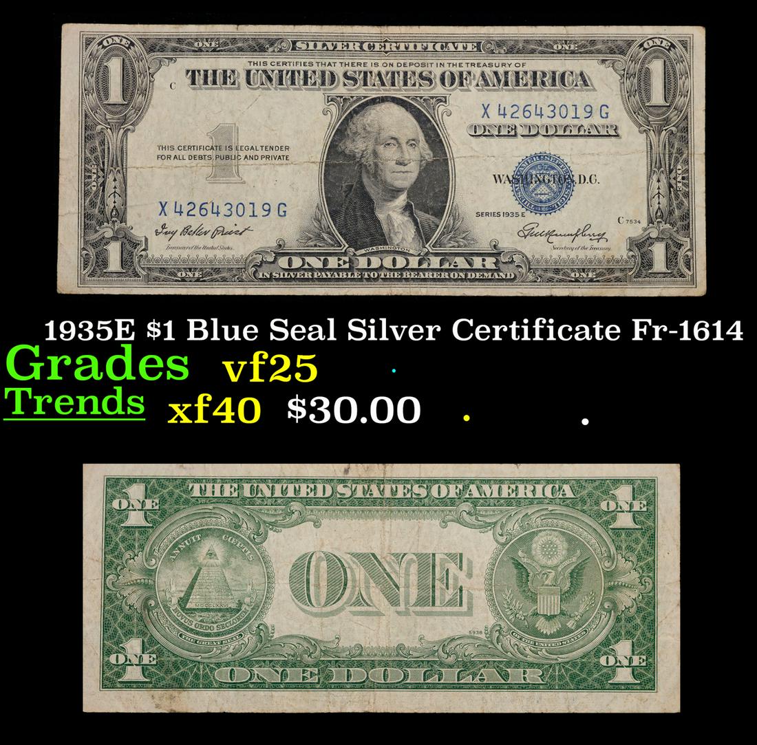 1935E $1 Blue Seal Silver Certificate Fr-1614 Grades vf+: 1935E $1 Blue Seal Silver Certificate Fr-1614 Grades vf+. Silver Certificates were redeemable in Silver. One of their most distinctive qualities is the blue Treasury seal and serial numbers. These not