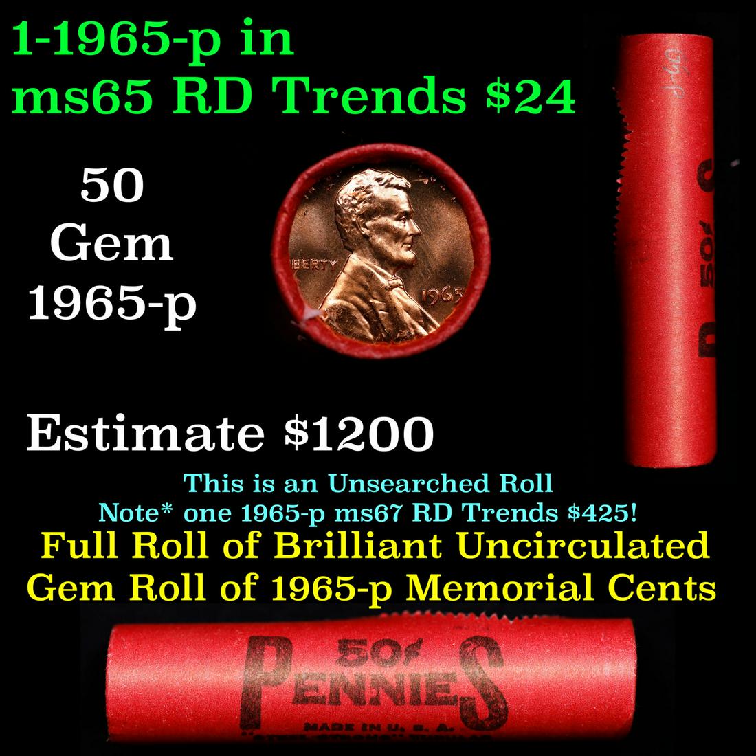 Shotgun Lincoln 1c roll, 1965-p 50 pcs Steel-Strong Wrapper.: Shotgun Lincoln 1c roll, 1965-p 50 pcs Steel-Strong Wrapper.. A terrific Shotgun roll of Lincoln cents. Most if not all coin should be cherry red.