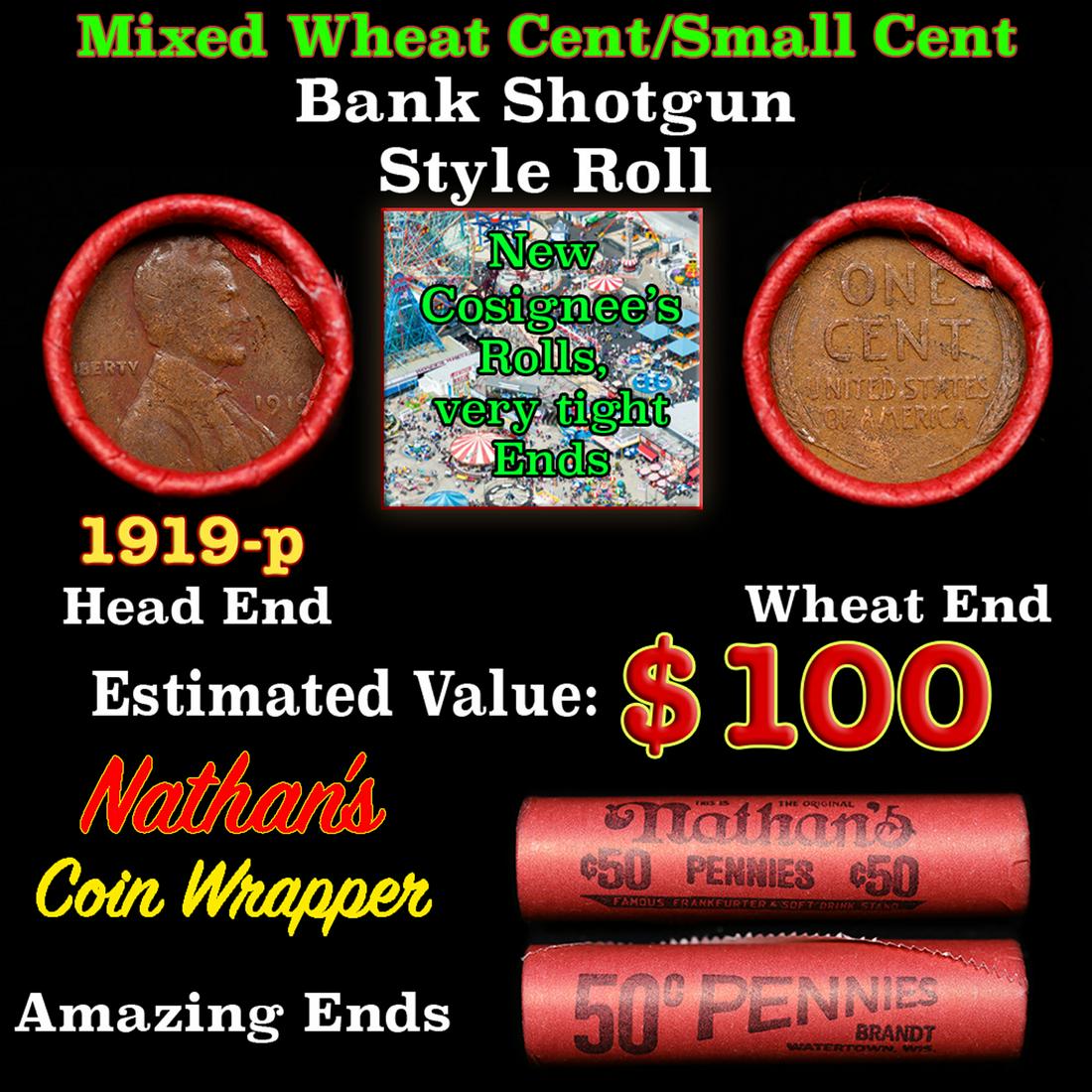 Mixed small cents 1c orig shotgun roll, 1919-p Lincoln Cent, Wheat Cent other end, Nathan's Brandt: Mixed small cents 1c orig shotgun roll, 1919-p Lincoln Cent, Wheat Cent other end, Nathan's Brandt Wrapper.. The roll is held in an old Rare & Collectable Brinks 'Only Brinks Can Open This Safe, Chica