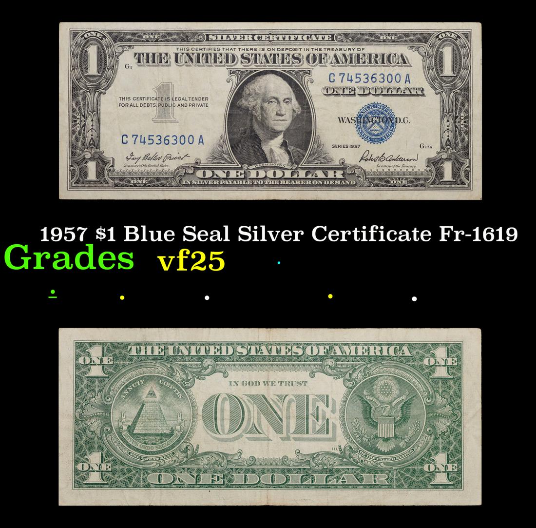 1957 $1 Blue Seal Silver Certificate Fr-1619 Grades vf+: 1957 $1 Blue Seal Silver Certificate Fr-1619 Grades vf+. Silver Certificates were redeemable in Silver. One of their most distinctive qualities is the blue Treasury seal and serial numbers. These note