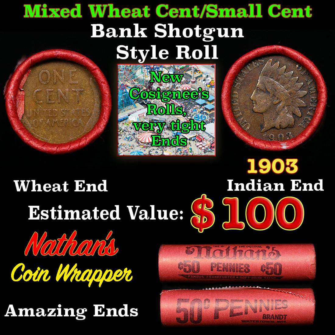 Mixed small cents 1c orig shotgun roll, Wheat Cent, 1903 Indian Cent other end, Nathan's Brandt: Mixed small cents 1c orig shotgun roll, Wheat Cent, 1903 Indian Cent other end, Nathan's Brandt Wrapper.. The roll is held in an old Rare & Collectable Brinks 'Only Brinks Can Open This Safe, Chicago