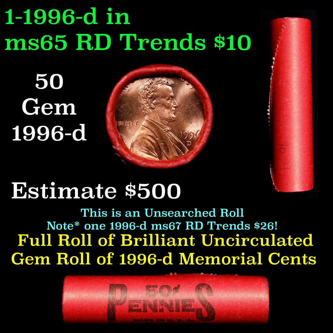 Shotgun Lincoln 1c roll, 1996-d 50 pcs Steel-Strong Wrapper.: Shotgun Lincoln 1c roll, 1996-d 50 pcs Steel-Strong Wrapper.. A terrific Shotgun roll of Lincoln cents. Most if not all coin should be cherry red.