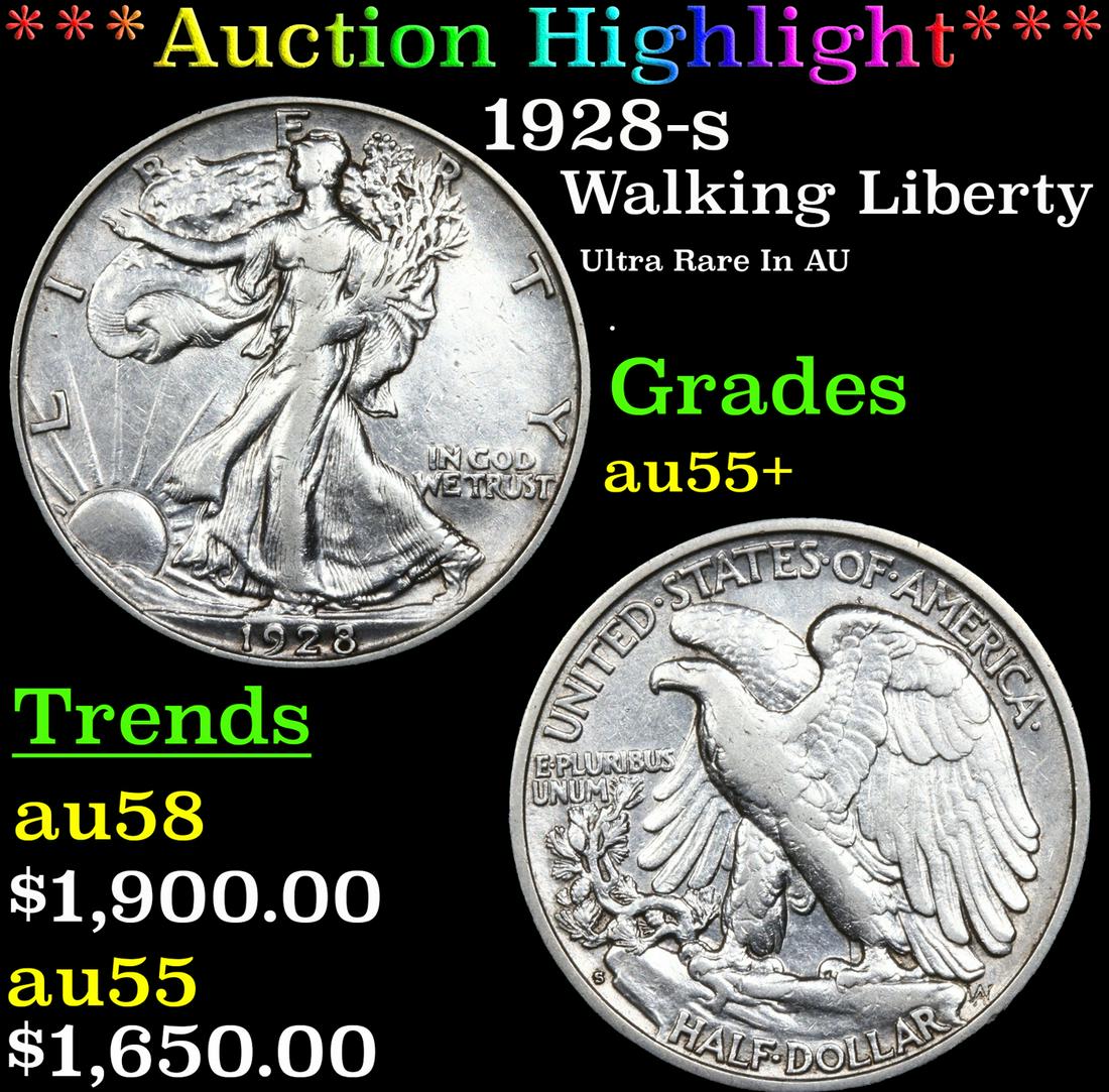 ***Auction Highlight*** 1928-s Walking Liberty Half Dollar 50c Graded au55+ BY SEGS (fc) (1 of 5)