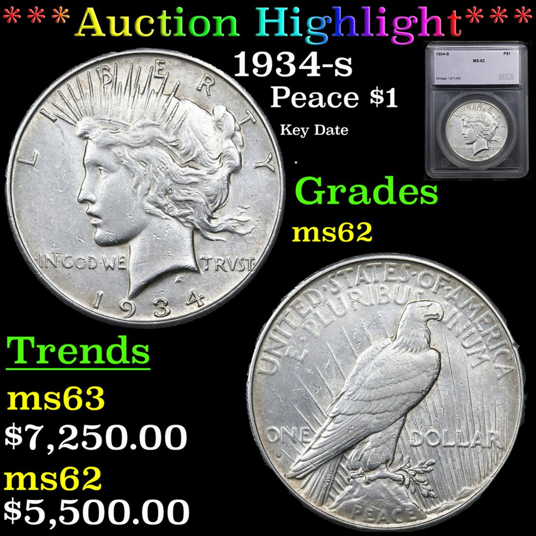 ***Auction Highlight*** 1934-s Peace Dollar $1 Grades Select Unc By SEGS (fc) (1 of 5)