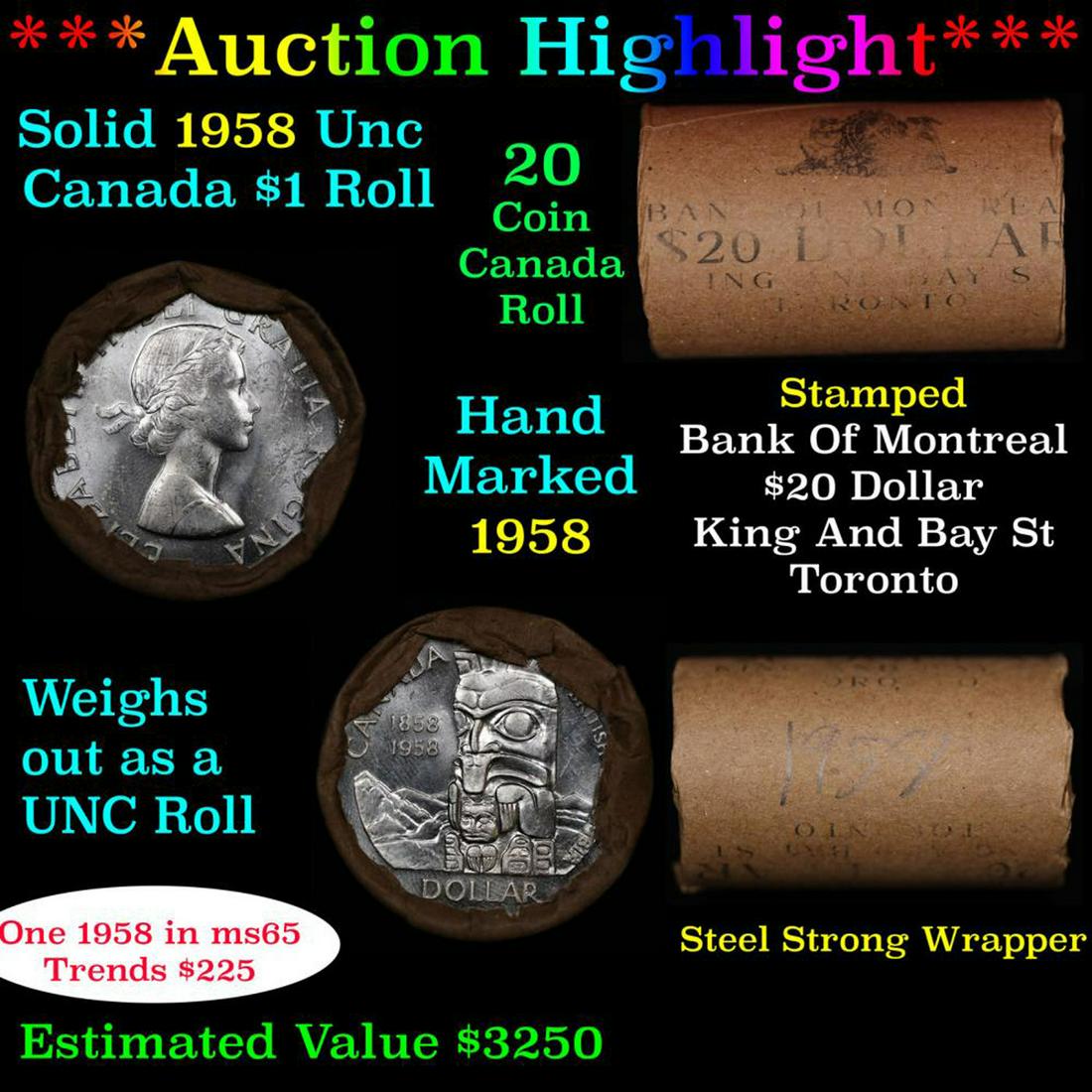 ***Auction Highlight*** Full Roll of Silver 1958 Canadian Dollar with Queen Elizabeth II, 20 Coins (1 of 5)