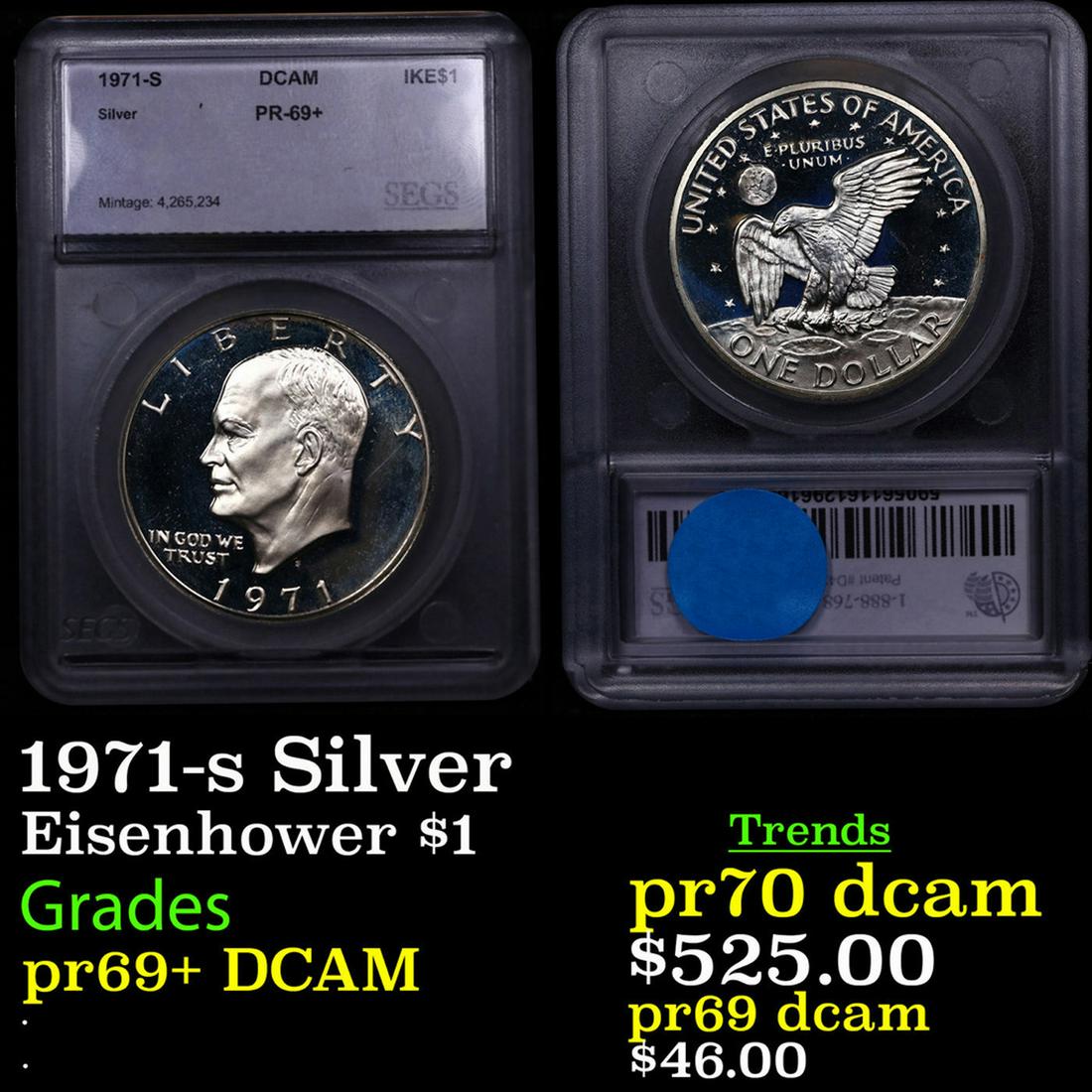 Proof 1971-s Silver Eisenhower Dollar $1 Graded pr69+ DCAM BY SEGS (1 of 3)