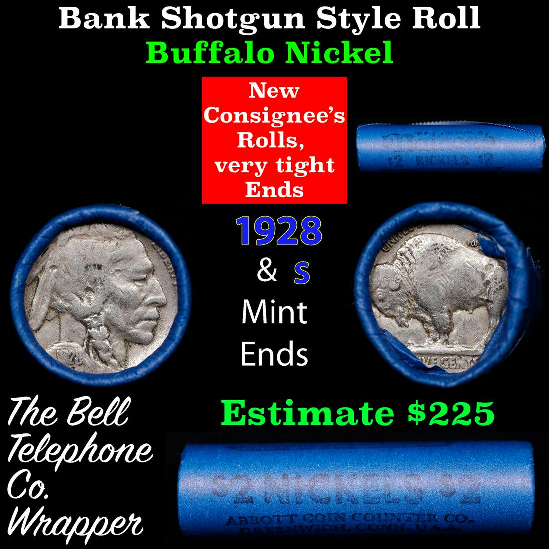 Buffalo Nickel Shotgun Roll in Old Bank Style 'Abbott Coin Counter' Wrapper 1928 & s Mint Ends (1 of 3)