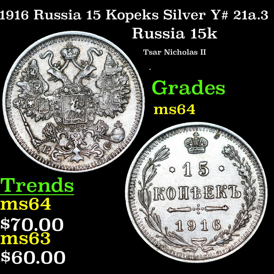 1916 Russia 15 Kopeks Silver Y# 21a.3 Grades Choice Unc (1 of 3)