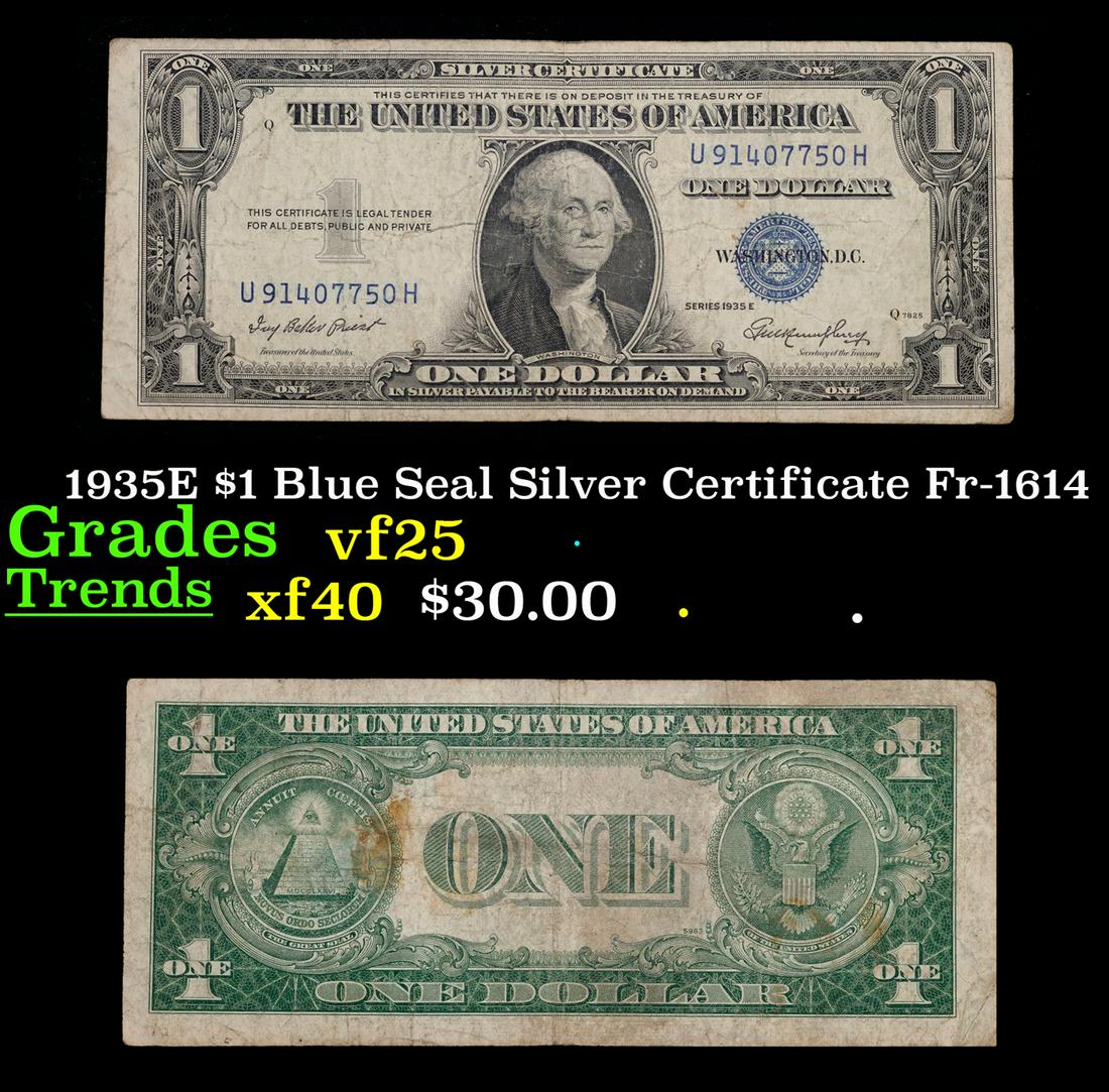 1935E $1 Blue Seal Silver Certificate Fr-1614 Grades vf+: 1935E $1 Blue Seal Silver Certificate Fr-1614 Grades vf+. Silver Certificates were redeemable in Silver. One of their most distinctive qualities is the blue Treasury seal and serial numbers. These not