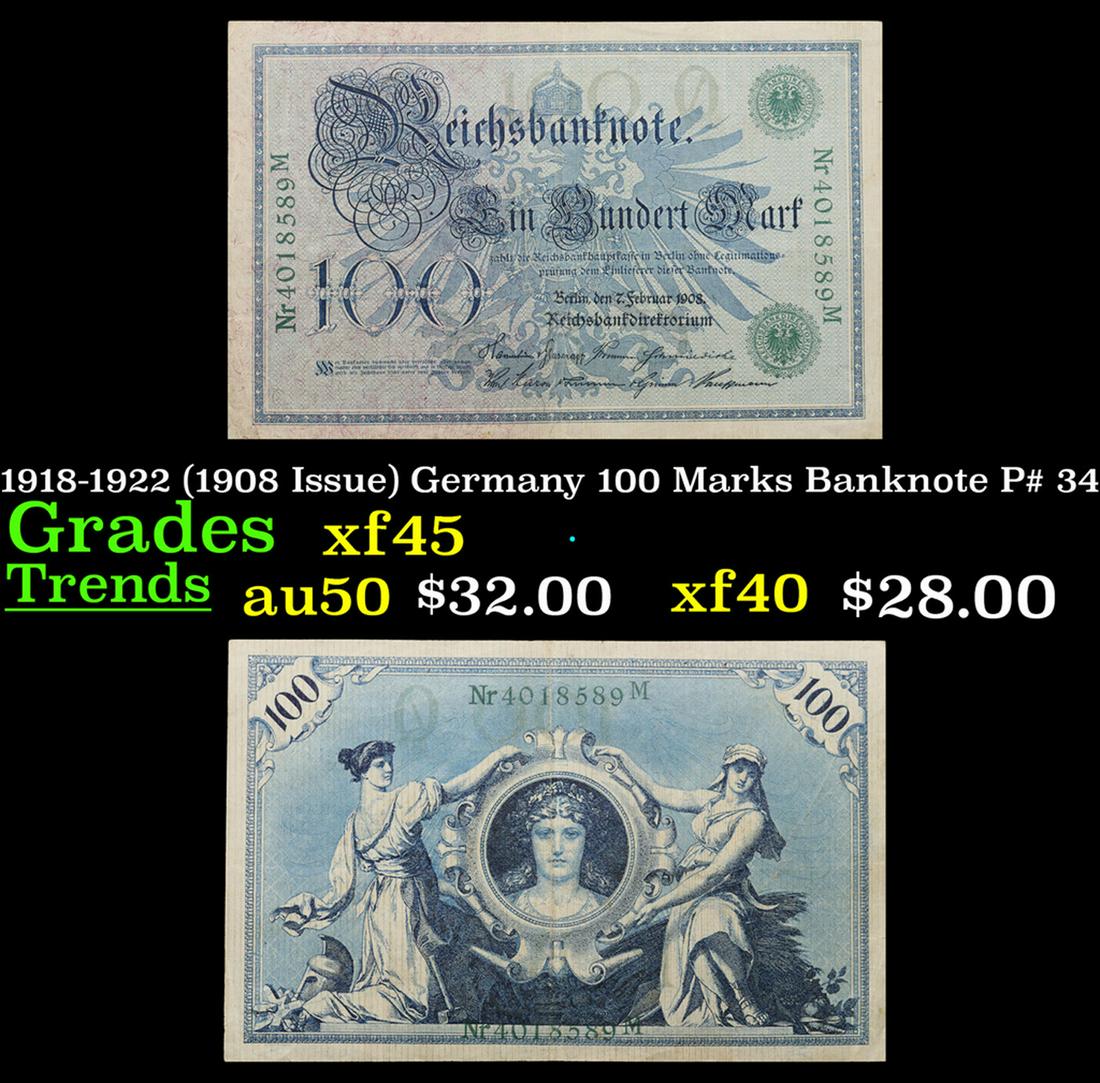 1918-1922 (1908 Issue) Germany 100 Marks Banknote P# 34 Grades xf+ (1 of 3)